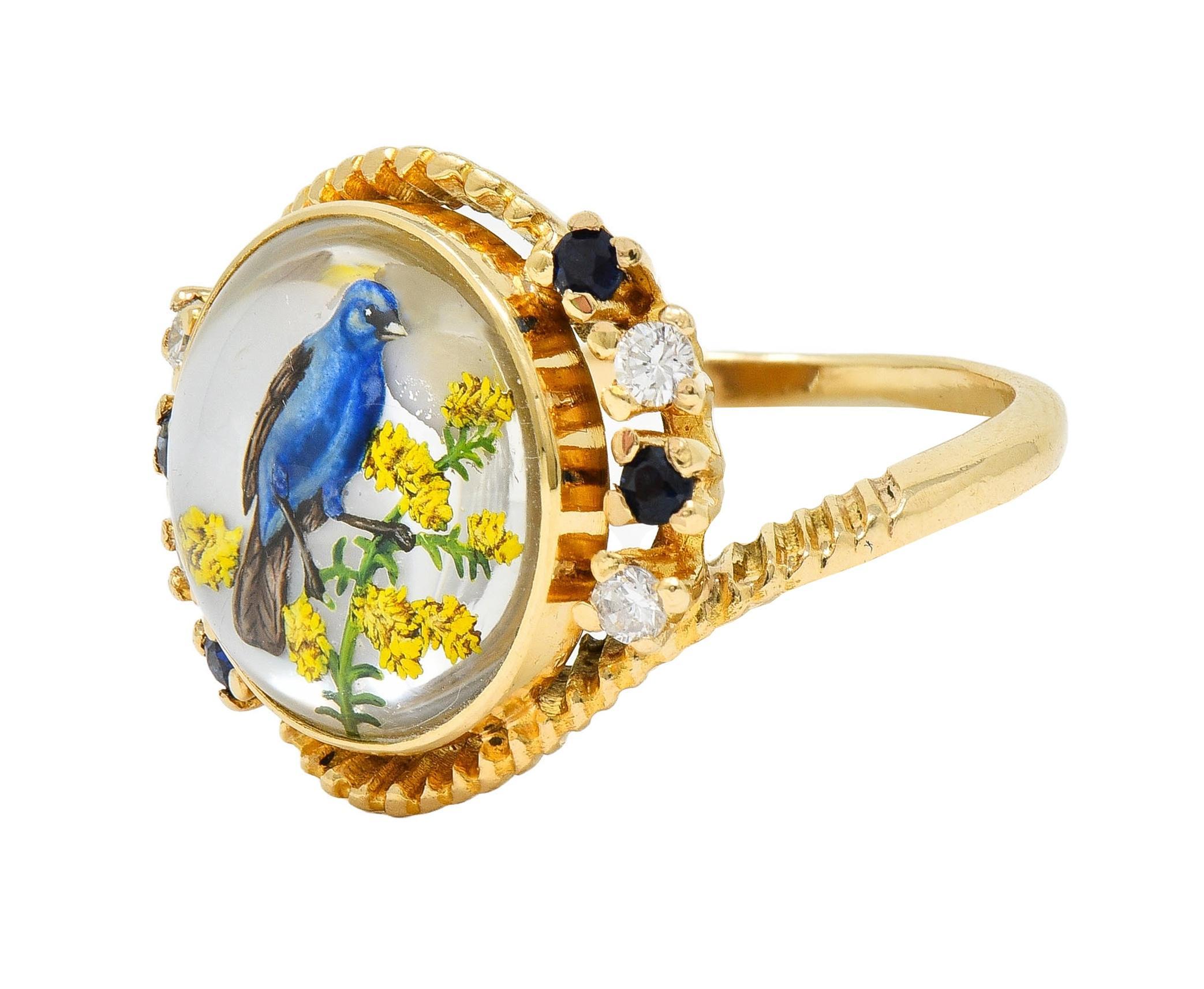 1960s Sapphire Diamond Essex Crystal 14 Karat Gold Vintage Blue Bird Bypass Ring 2