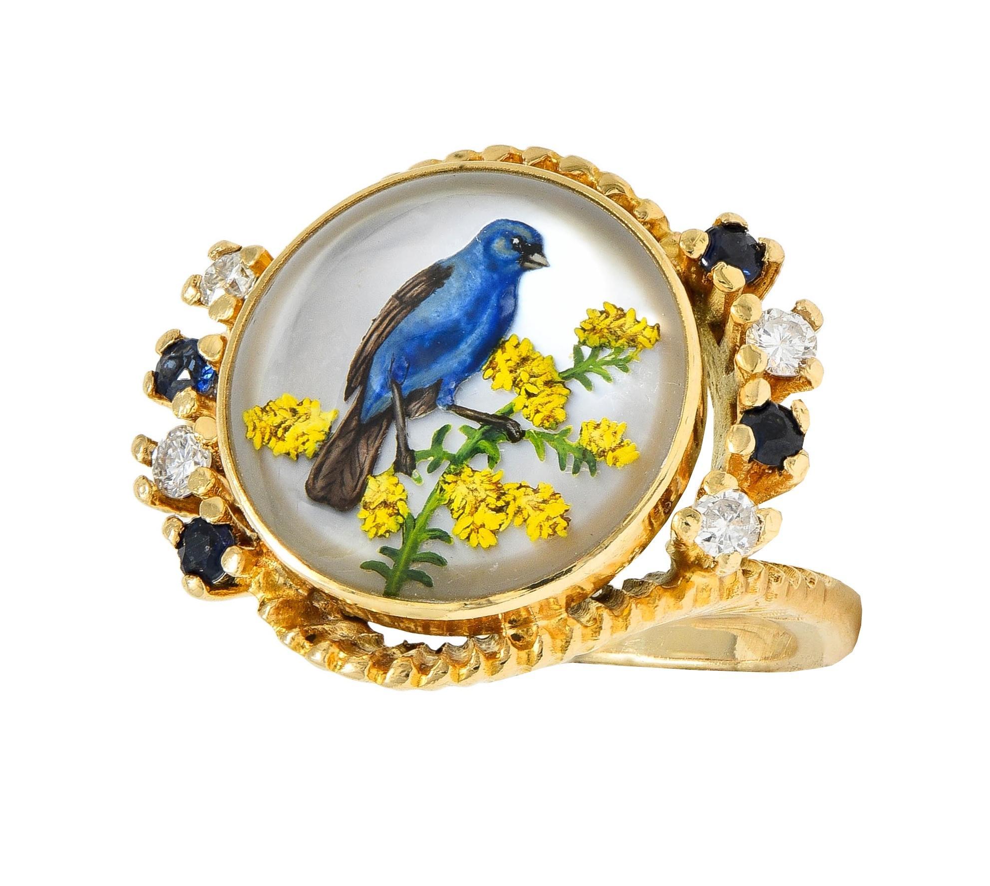 1960s Sapphire Diamond Essex Crystal 14 Karat Gold Vintage Blue Bird Bypass Ring 3