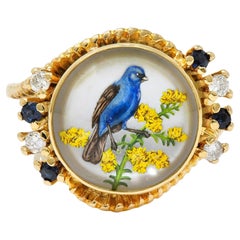 1960s Sapphire Diamond Essex Crystal 14 Karat Gold Vintage Blue Bird Bypass Ring