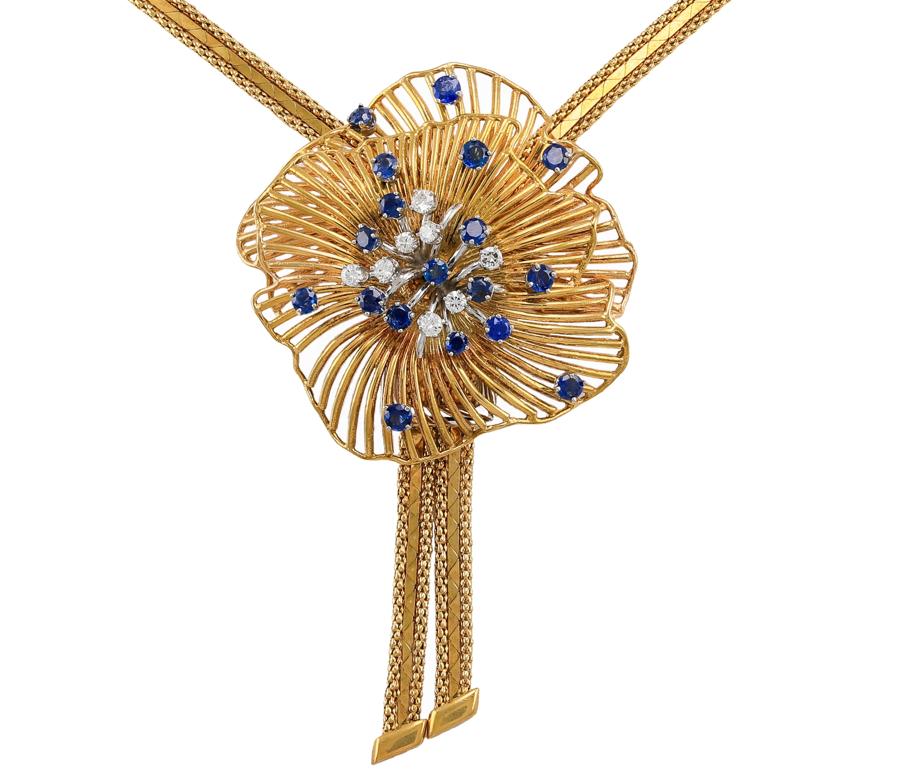Modernista Collana a stella in oro con diamanti e zaffiri del 1960 in vendita