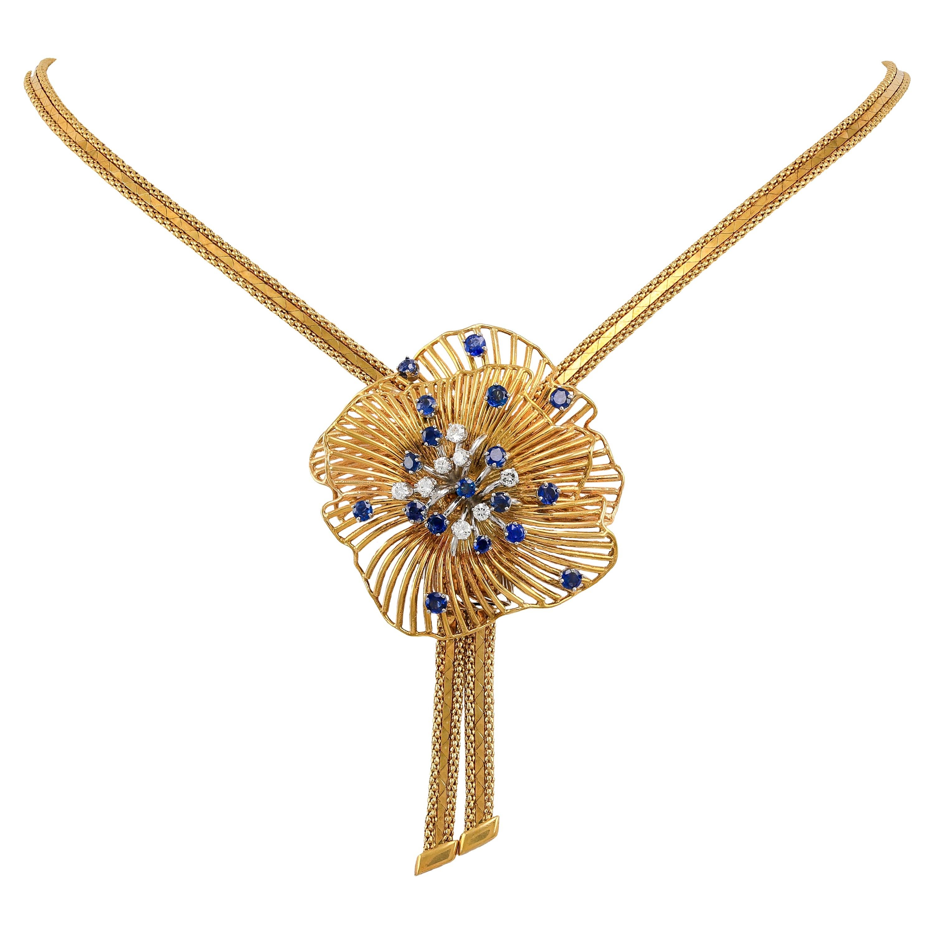 1960's Sapphire Diamond Gold Starburst Necklace