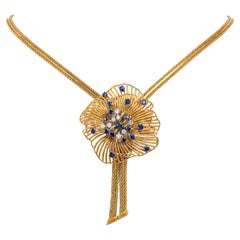 1960's Sapphire Diamond Gold Starburst Necklace