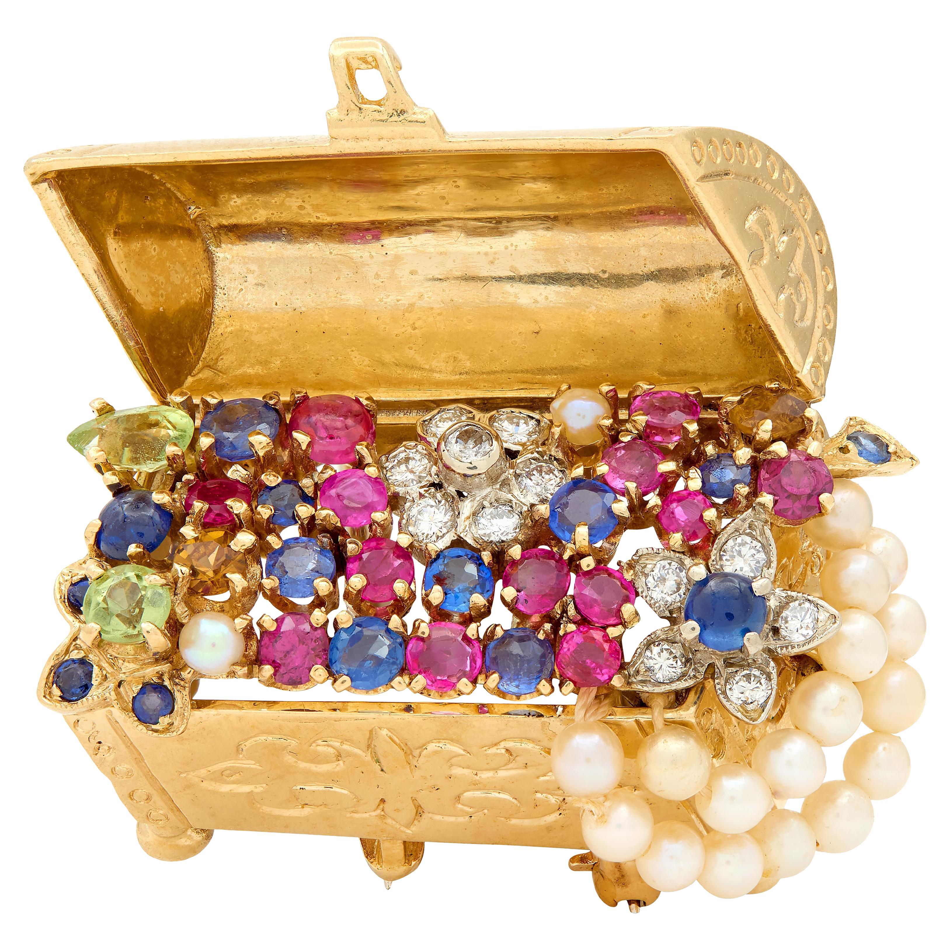 1960er Jahre Saphir Multi-Gem Perle 14K Gold Vintage Treasure Chest Brosche Anhänger