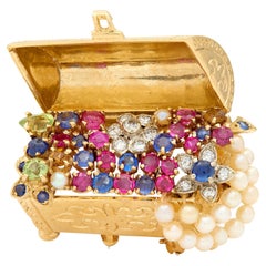 1960er Jahre Saphir Multi-Gem Perle 14K Gold Vintage Treasure Chest Brosche Anhänger