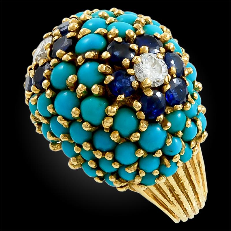 Taille ronde Parure bombée de style rétro en turquoise, saphir et diamant en vente