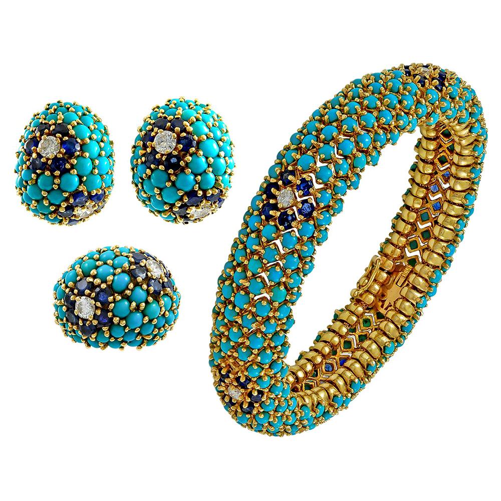 Parure bombée de style rétro en turquoise, saphir et diamant en vente