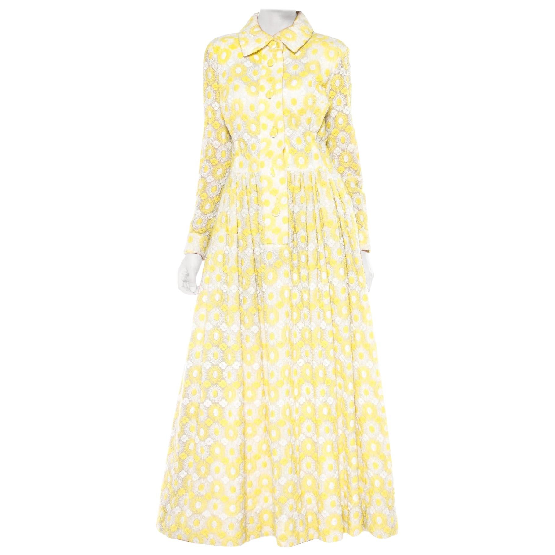 1960S SARFF ZUMPANO Acrylic Yellow And White Daisy Embroidered Maxi Dress For Sale