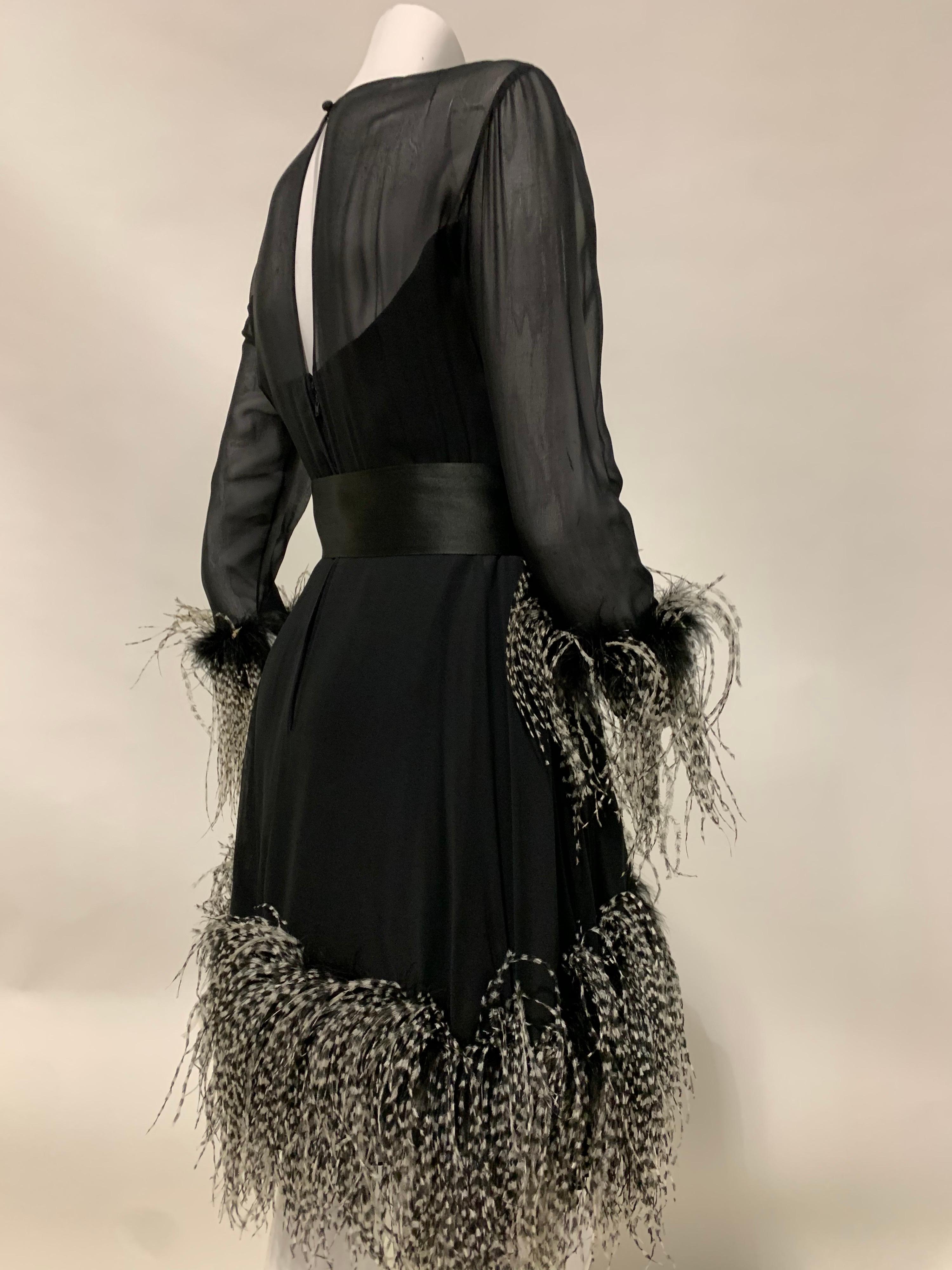 1960s Sarmi Black Silk Chiffon Dress W/ Ostrich Feather Trim Overlay Skirt & Bow For Sale 3