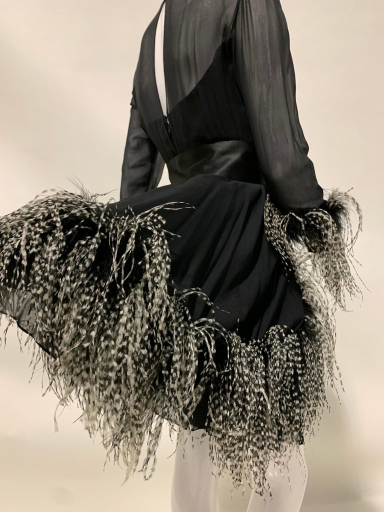 1960s Sarmi Black Silk Chiffon Dress W/ Ostrich Feather Trim Overlay Skirt & Bow For Sale 8
