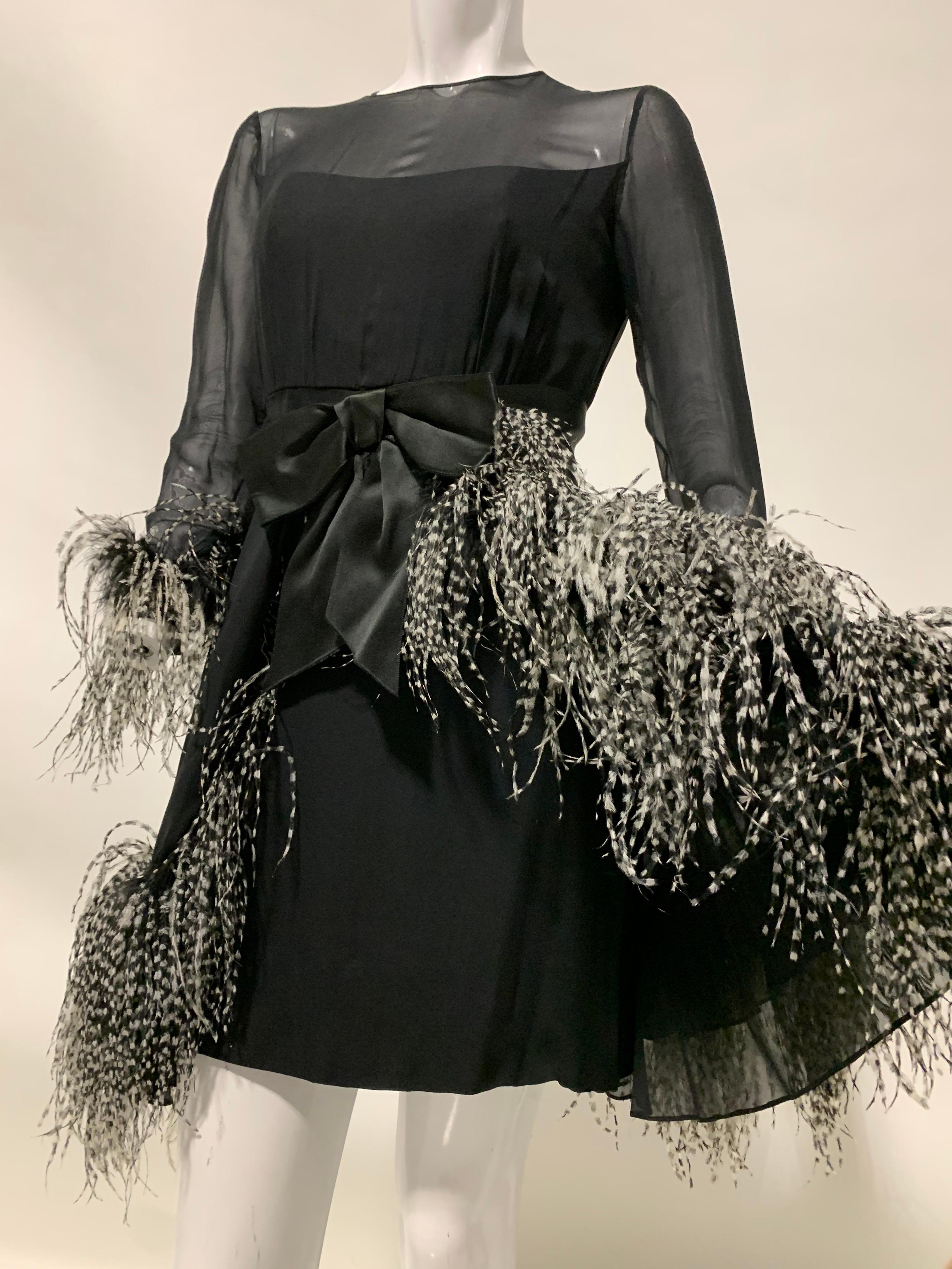 1960s Sarmi Black Silk Chiffon Dress W/ Ostrich Feather Trim Overlay Skirt & Bow For Sale 6