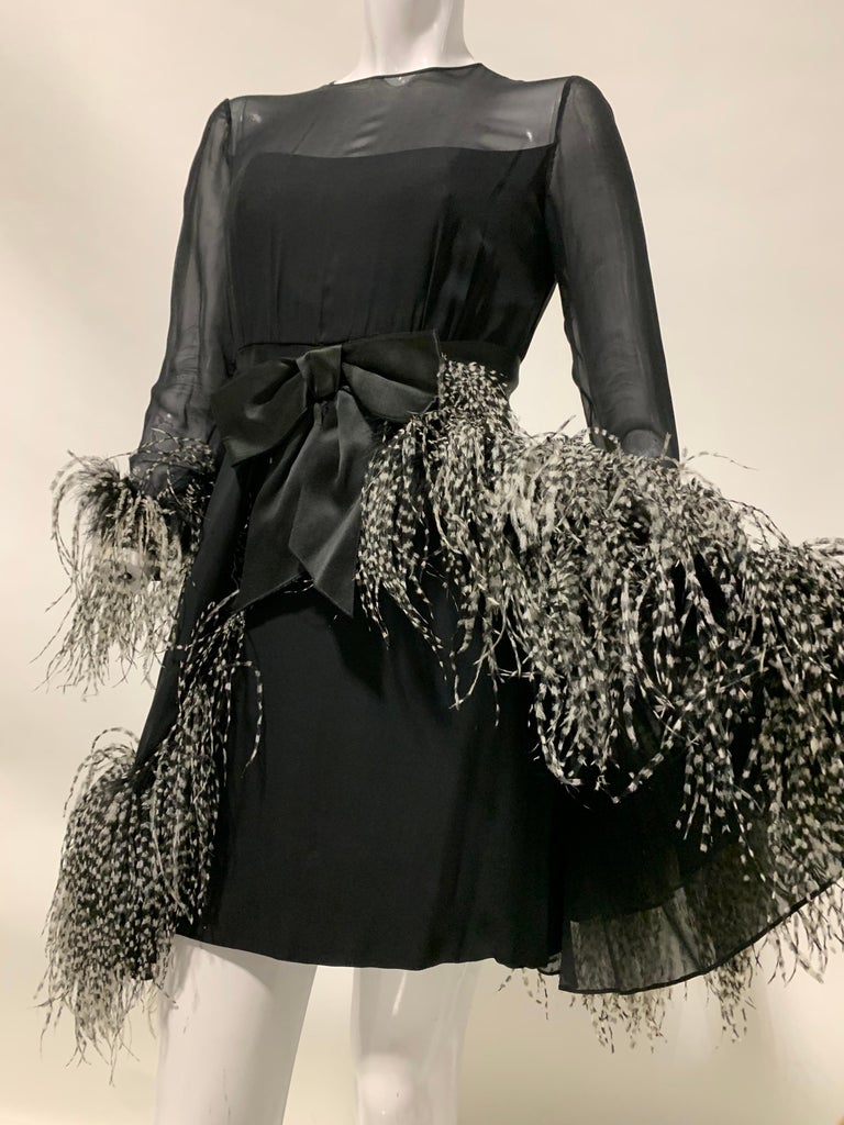1960s Sarmi Black Silk Chiffon Dress W/ Ostrich Feather Trim Overlay Skirt & Bow For Sale 9