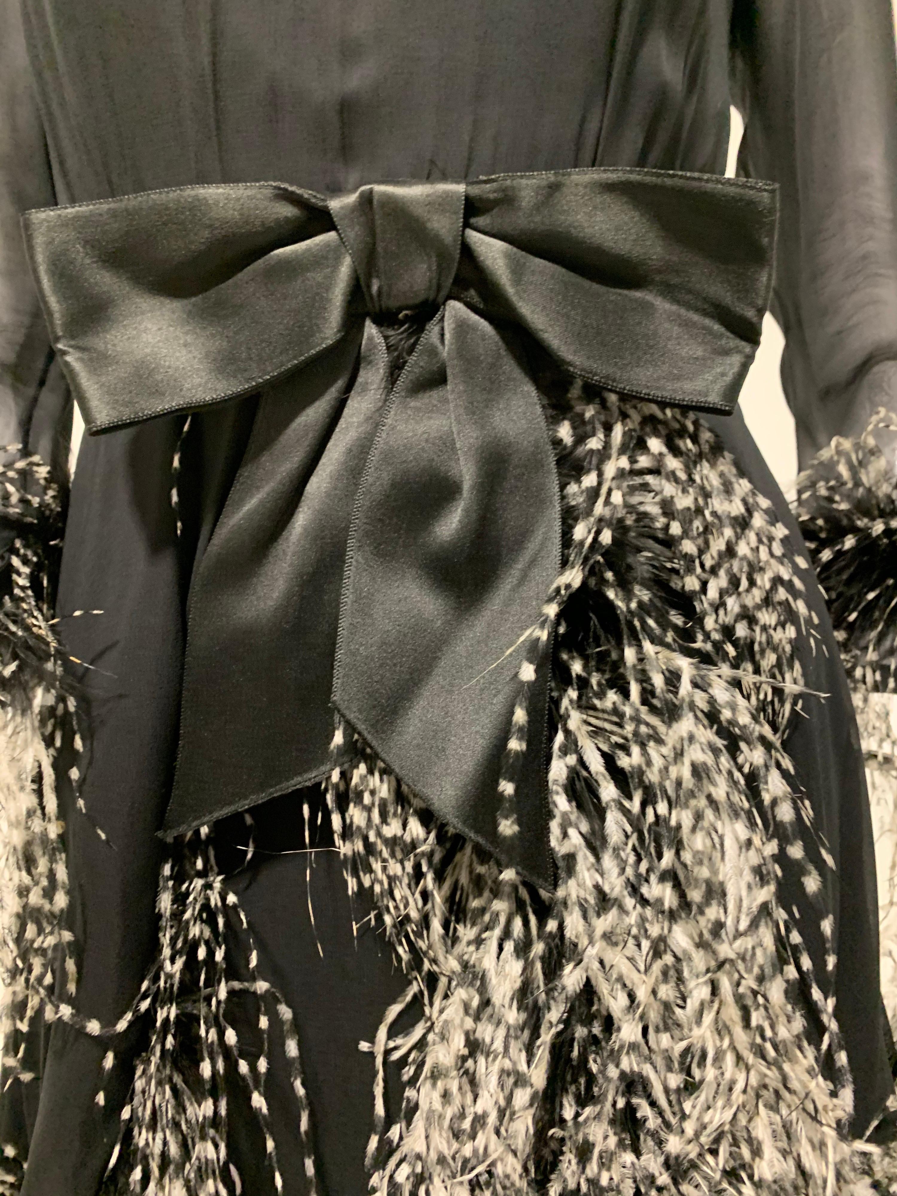 1960s Sarmi Black Silk Chiffon Dress W/ Ostrich Feather Trim Overlay Skirt & Bow For Sale 7