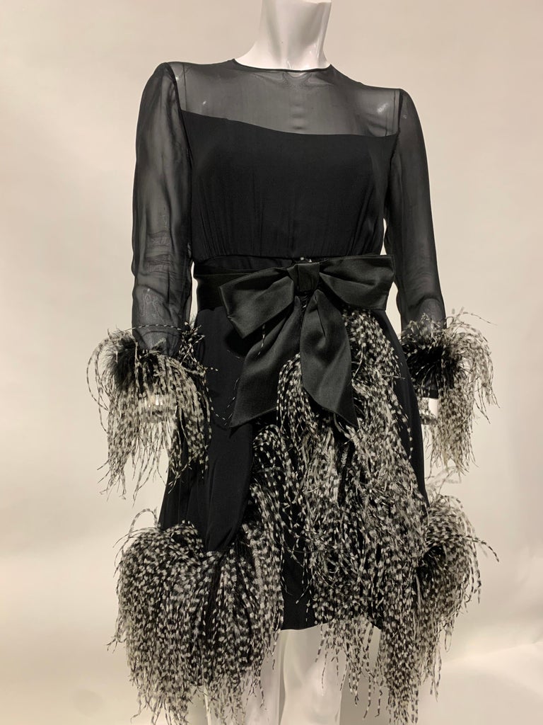 1960s Sarmi Black Silk Chiffon Dress W/ Ostrich Feather Trim Overlay Skirt & Bow For Sale 11