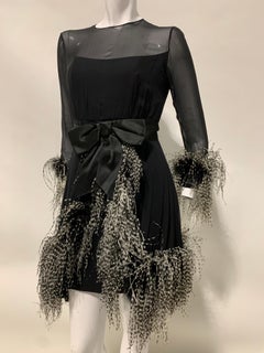 1960s Sarmi Black Silk Chiffon Dress W/ Ostrich Feather Trim Overlay Skirt & Bow