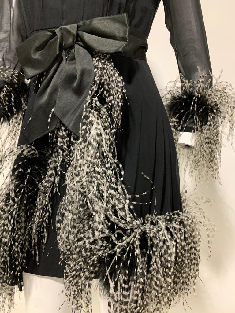 Women's 1960s Sarmi Black Silk Chiffon Dress W/ Ostrich Feather Trim Overlay Skirt & Bow For Sale