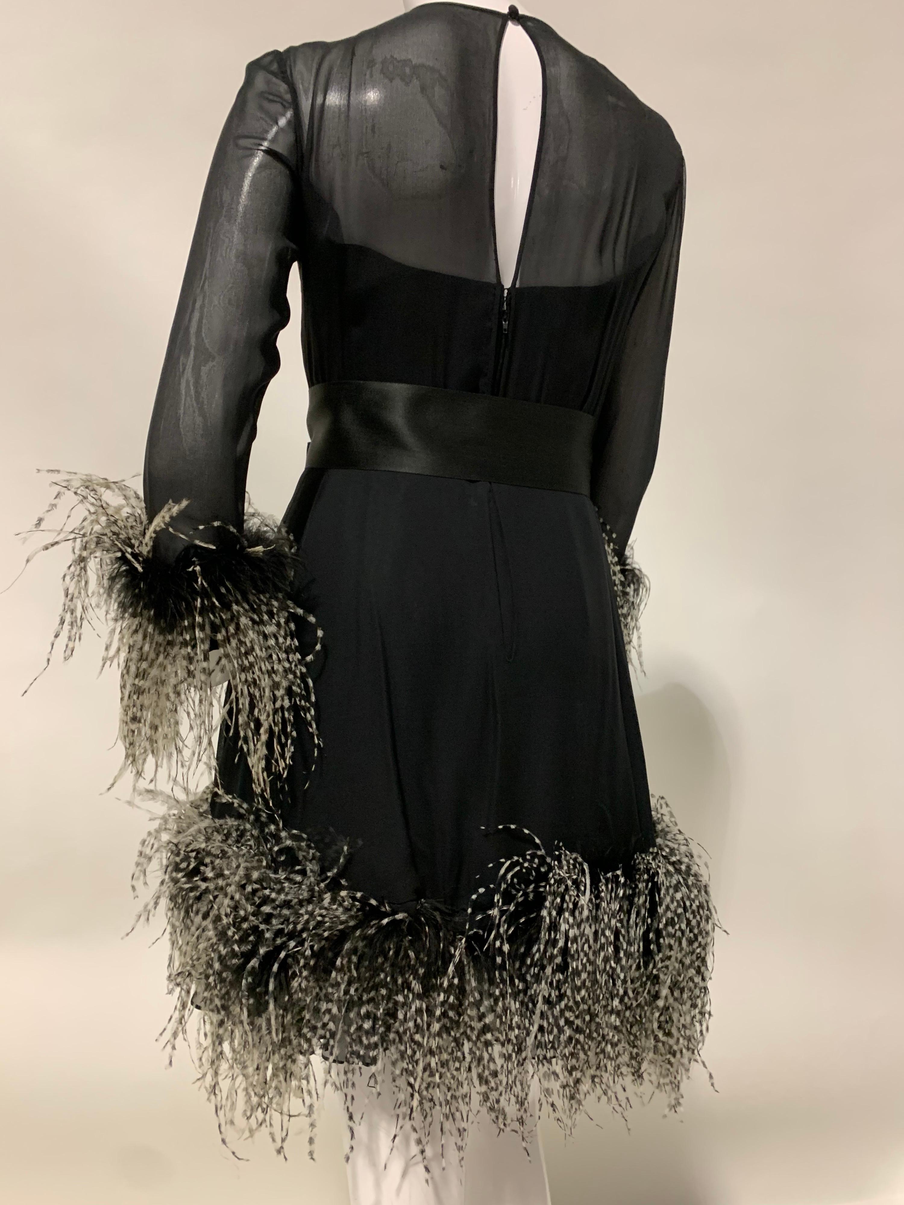 1960s Sarmi Black Silk Chiffon Dress W/ Ostrich Feather Trim Overlay Skirt & Bow For Sale 1
