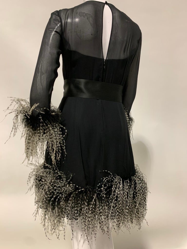1960s Sarmi Black Silk Chiffon Dress W/ Ostrich Feather Trim Overlay Skirt & Bow For Sale 4