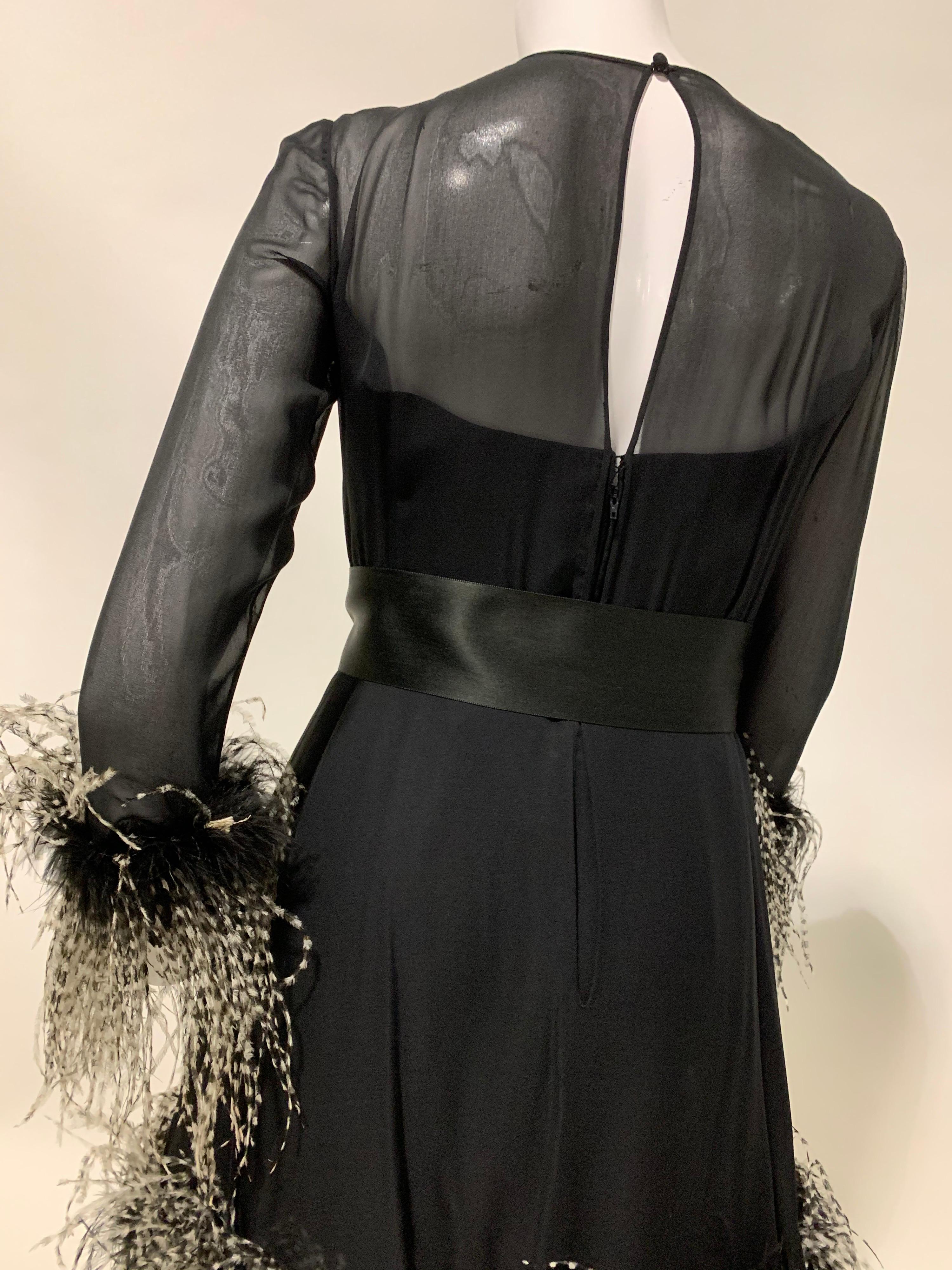 1960s Sarmi Black Silk Chiffon Dress W/ Ostrich Feather Trim Overlay Skirt & Bow For Sale 2