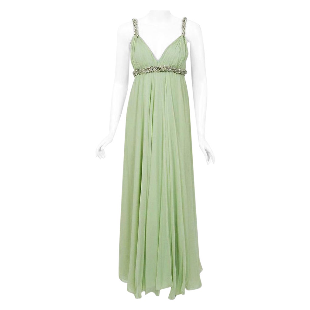 1960's Sarmi Couture Seafoam-Green Jeweled Low Plunge Silk Chiffon Goddess Gown For Sale