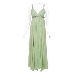 1960's Sarmi Couture Seafoam-Green Jeweled Low Plunge Silk Chiffon Goddess Gown