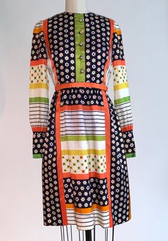 1960s Sarmi Flower and Stripe Print Dress in White, Blue, Navy, Orange and Green