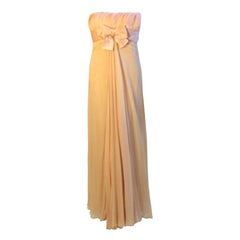 1960's Sarmi Pale Blush Pink Peach Chiffon Gown with Feather Bust & Bow Detail