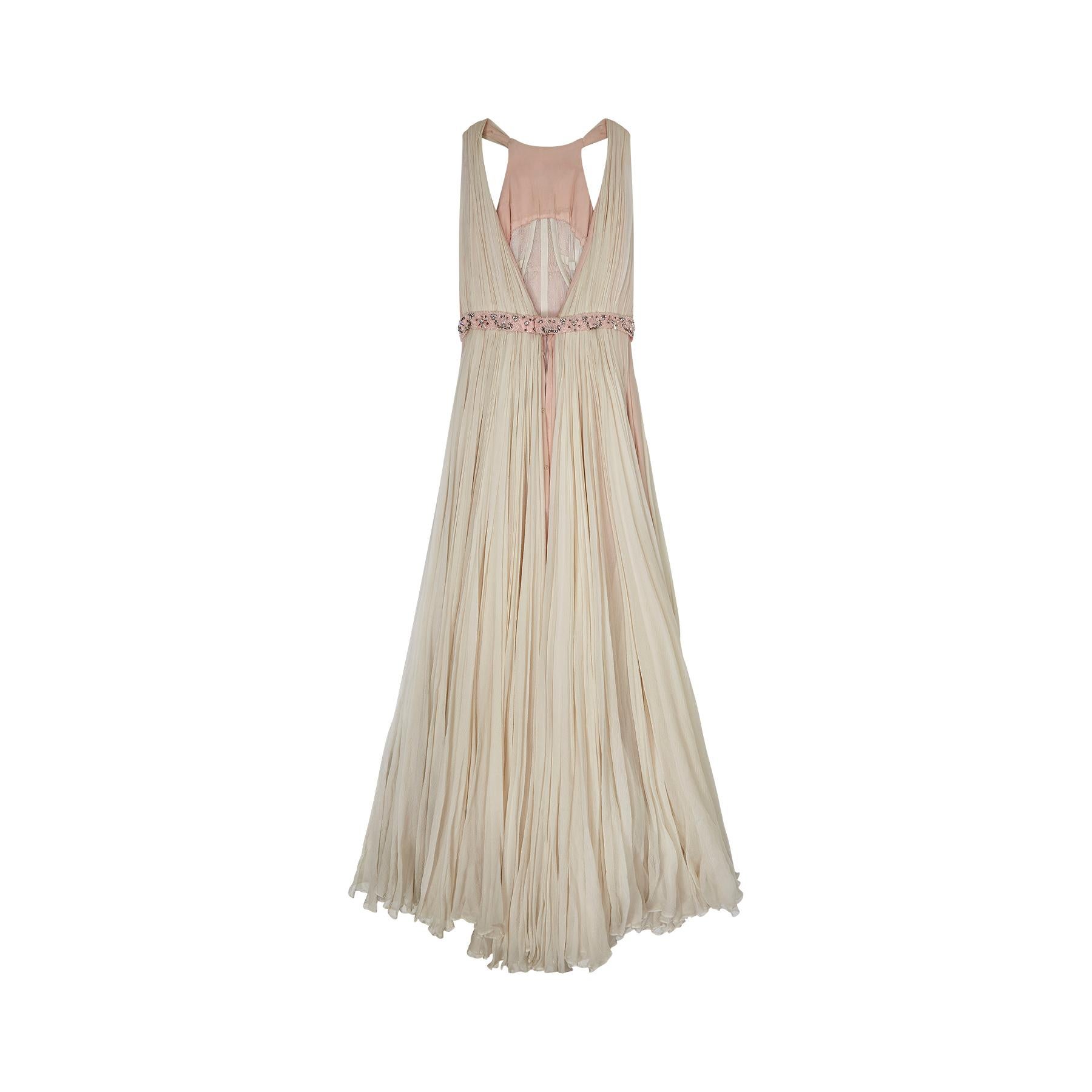 1960er Jahre Sarmi Seidenchiffon und Perlen Ballerina Kleid (Beige) im Angebot