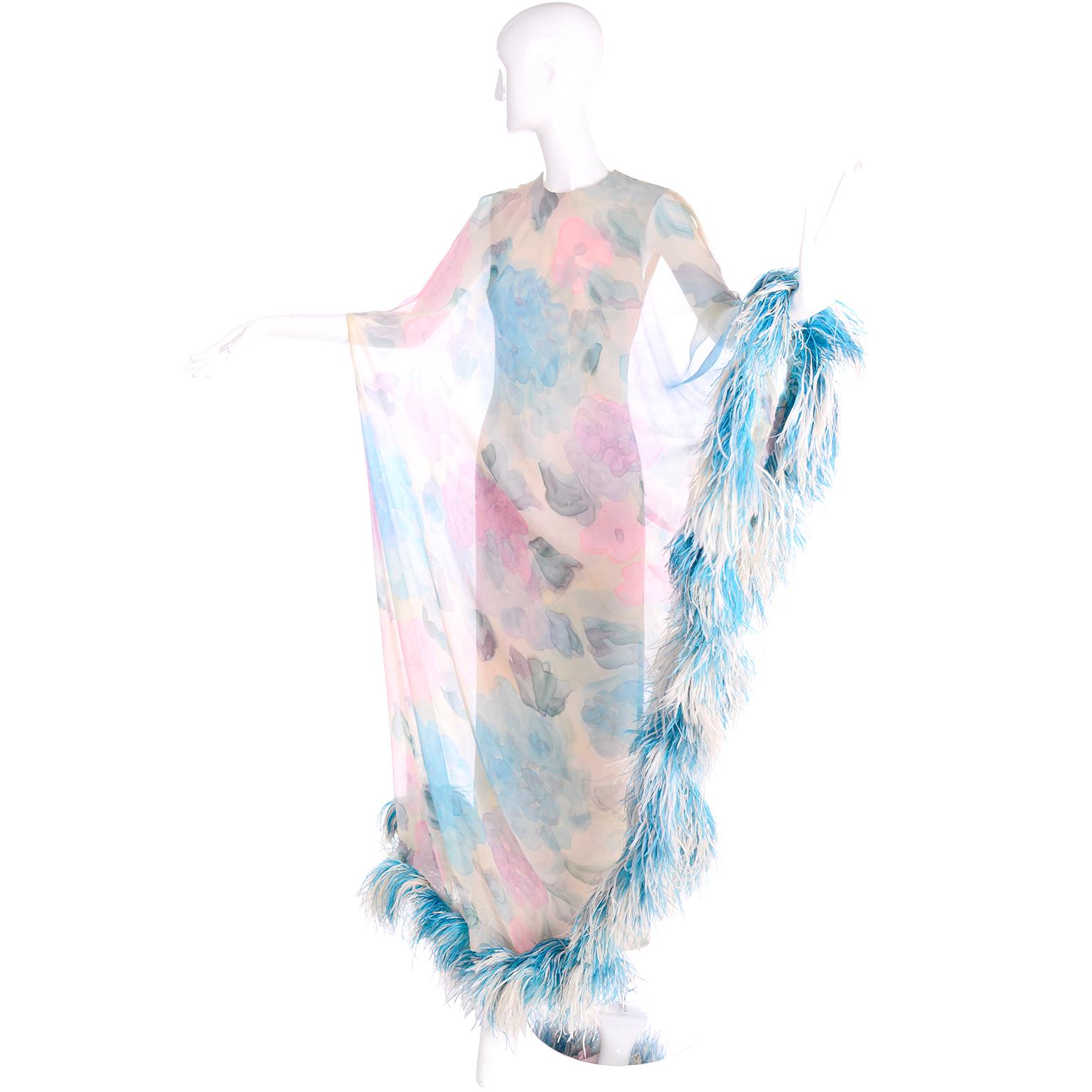 Gray 1960s Sarmi Vintage Blue Floral Silk Chiffon Dress With Blue Ostrich Feathers