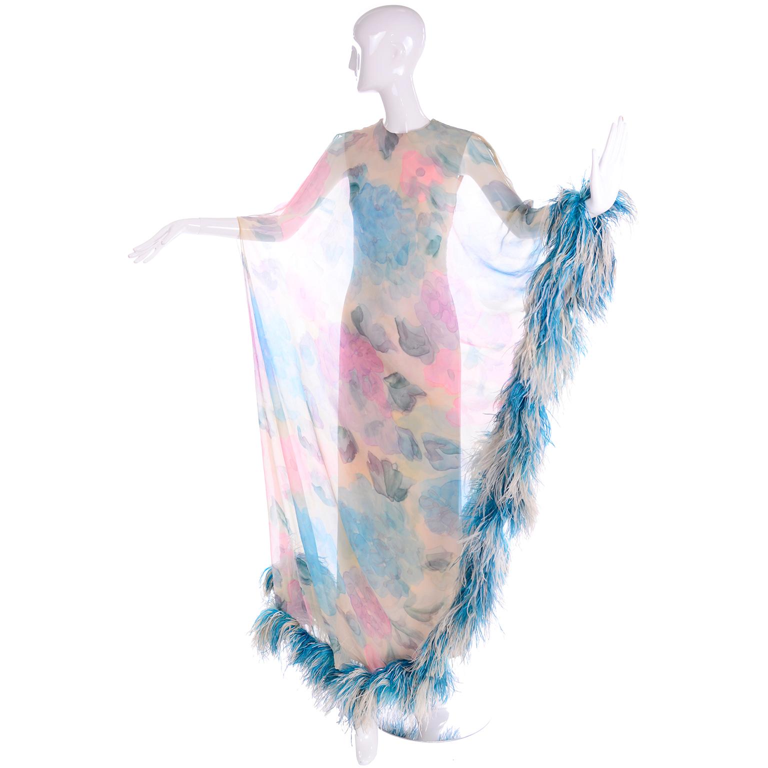 Women's 1960s Sarmi Vintage Blue Floral Silk Chiffon Dress With Blue Ostrich Feathers