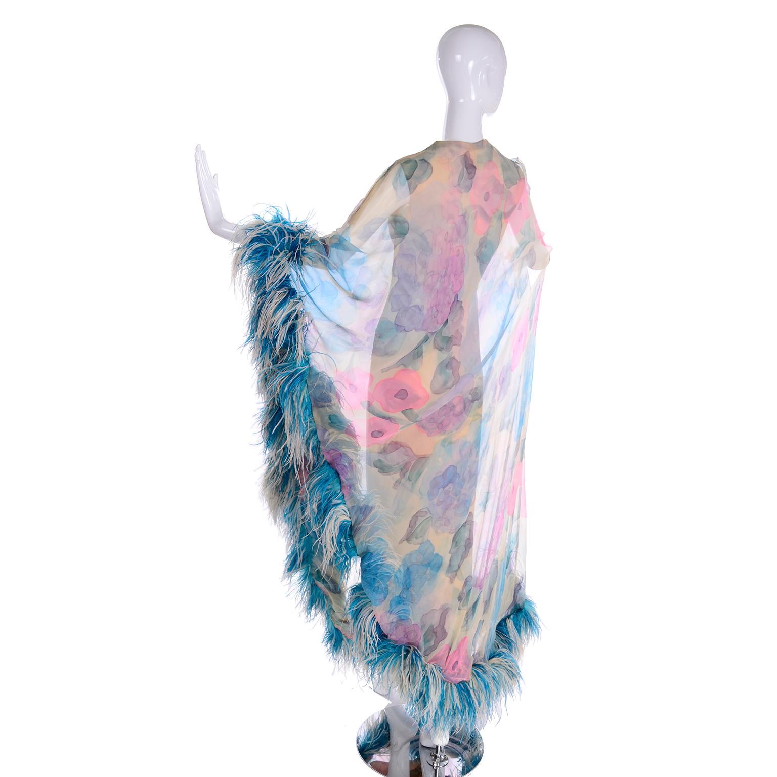 1960s Sarmi Vintage Blue Floral Silk Chiffon Dress With Blue Ostrich Feathers 1