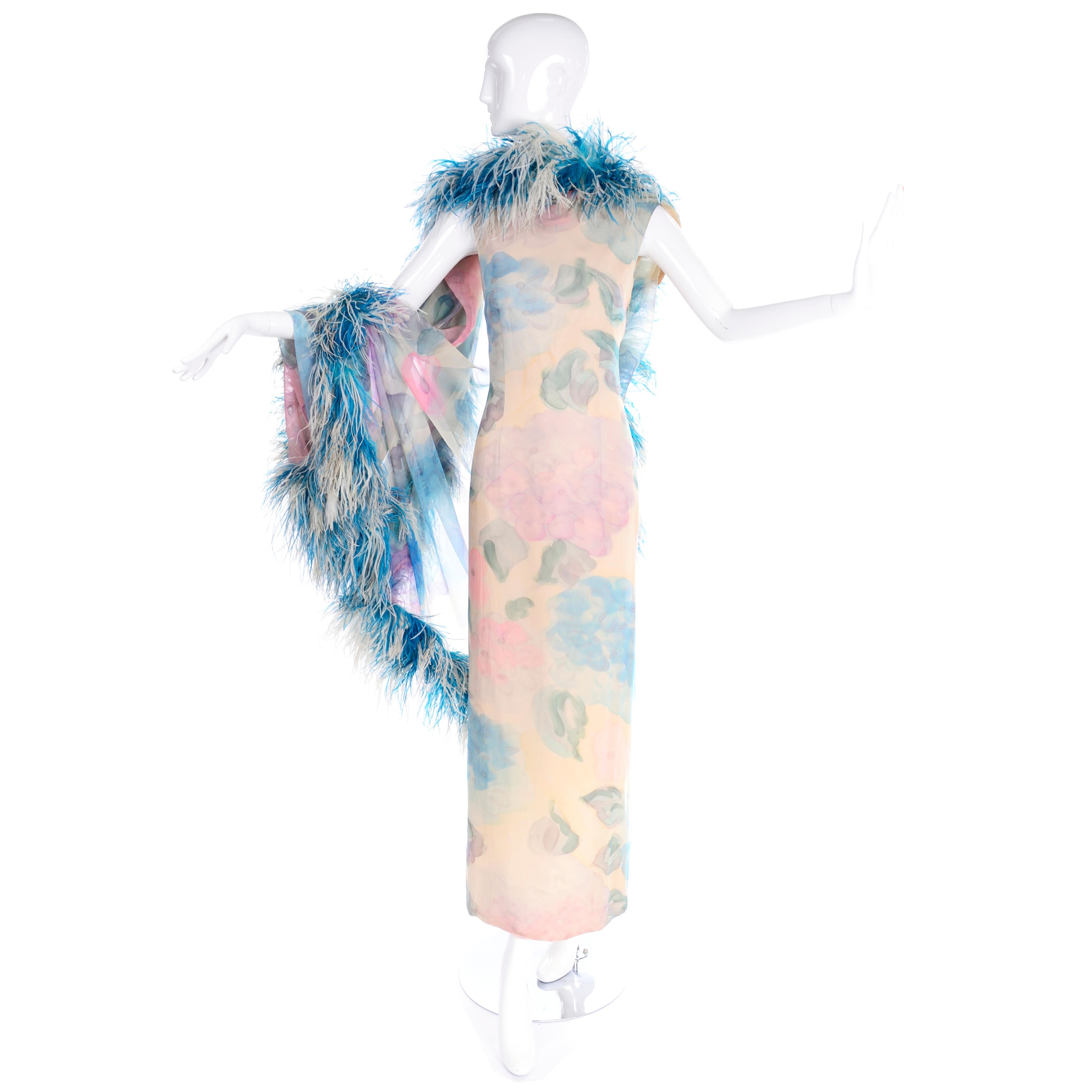 1960s Sarmi Vintage Blue Floral Silk Chiffon Dress With Blue Ostrich Feathers 2