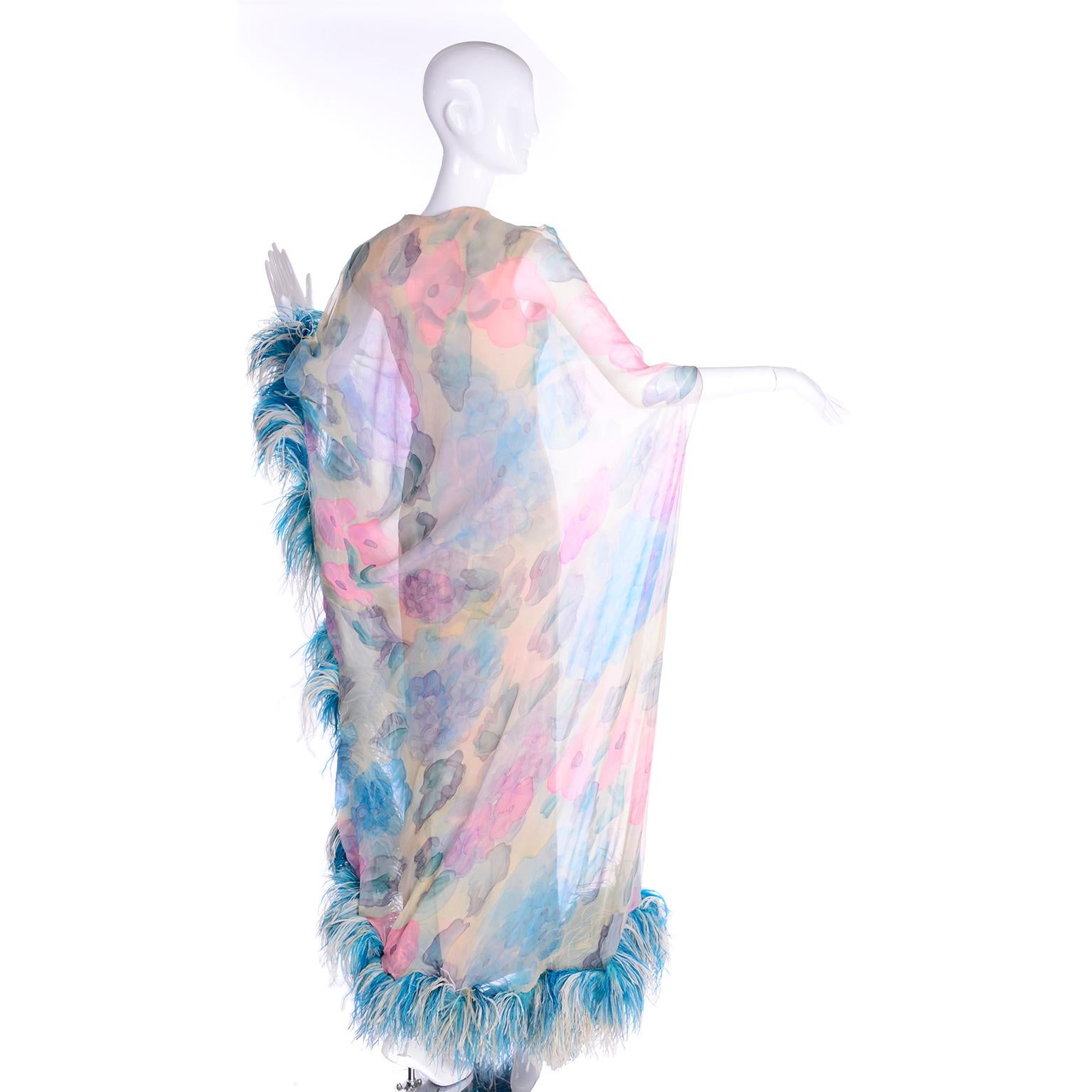 1960s Sarmi Vintage Blue Floral Silk Chiffon Dress With Blue Ostrich Feathers 3