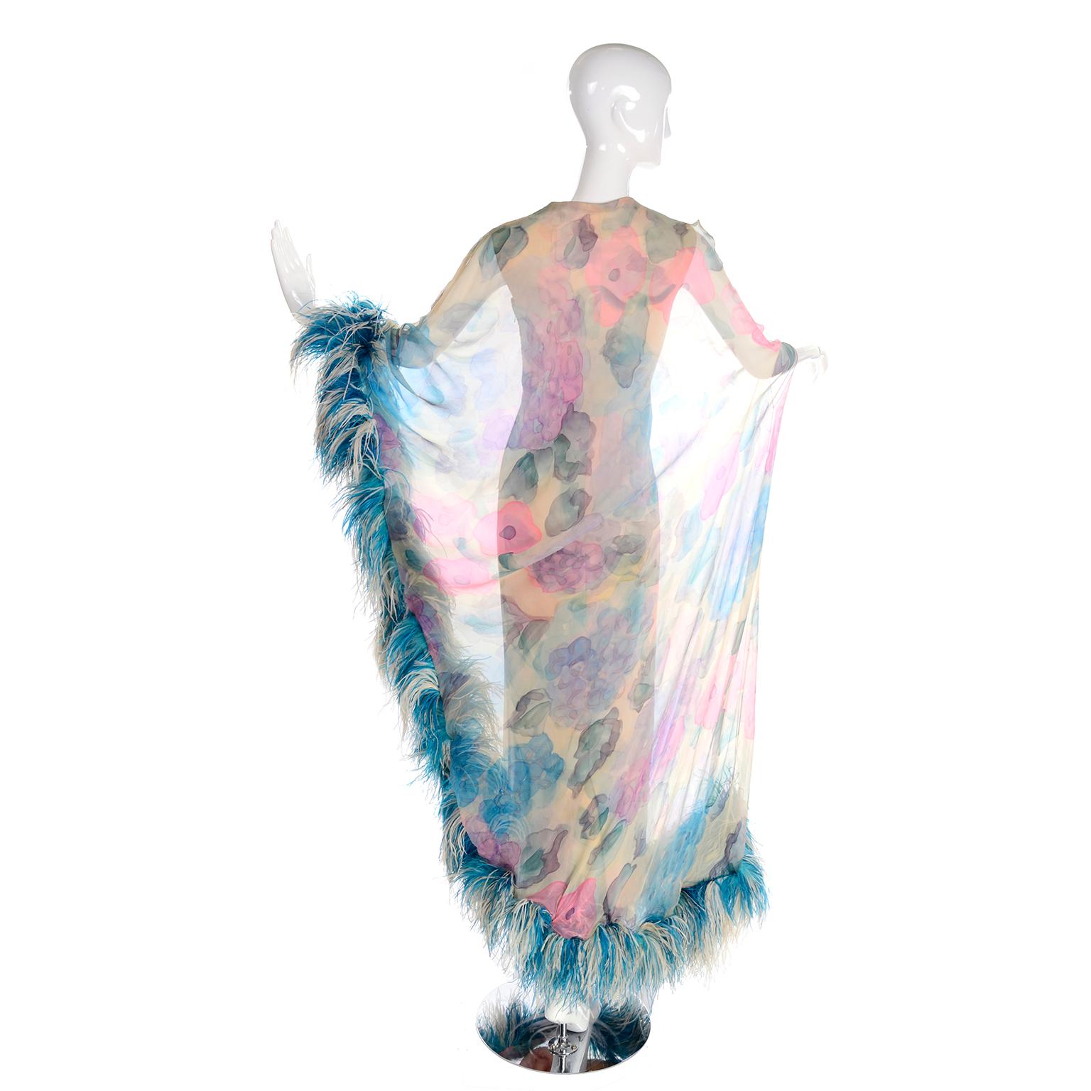 1960s Sarmi Vintage Blue Floral Silk Chiffon Dress With Blue Ostrich Feathers 4