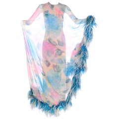 1960s Sarmi Vintage Blue Floral Silk Chiffon Dress With Blue Ostrich Feathers