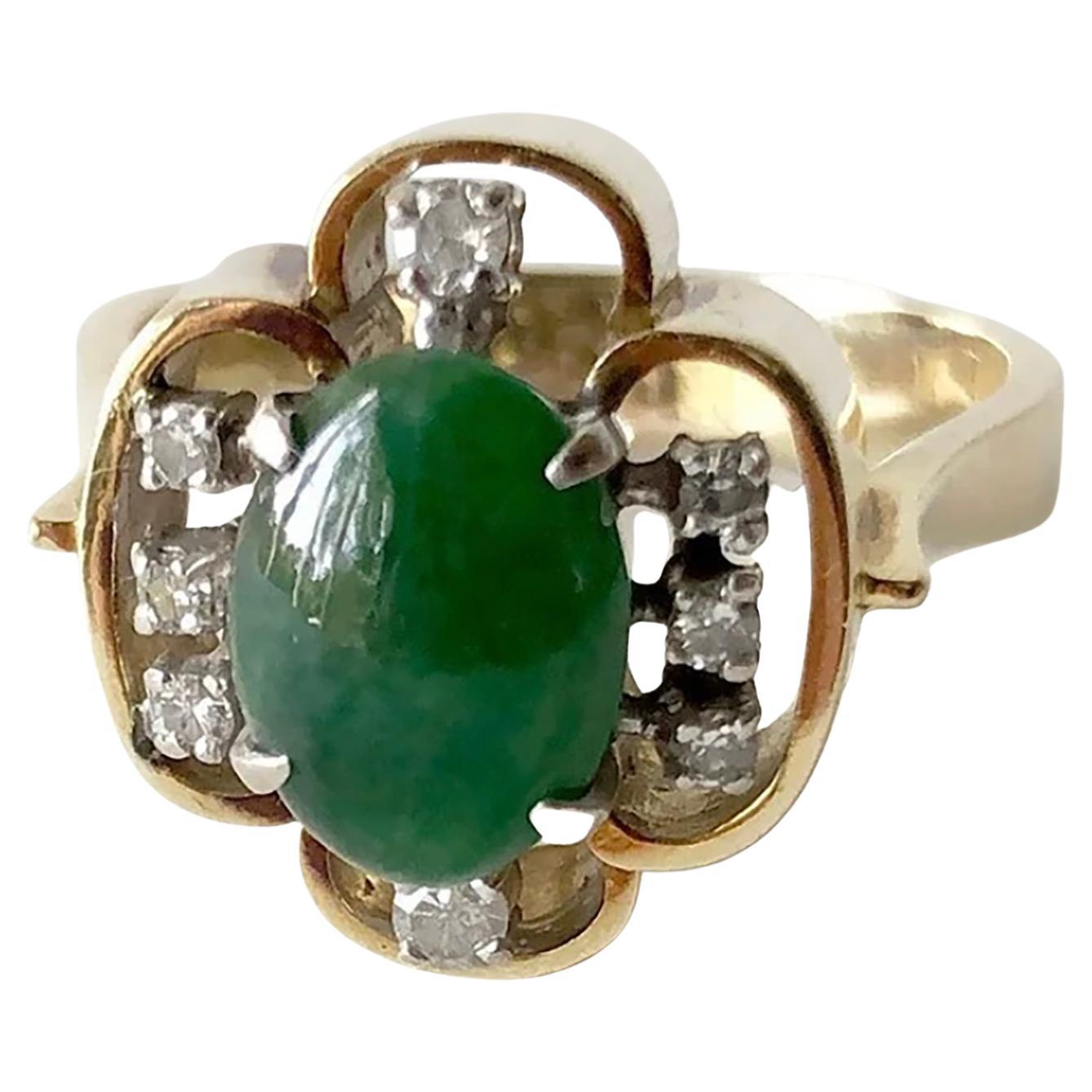 1960er Jahre Skandinavischer 14k Gold Diamant Jade Verlobung Hochzeit Cocktail Ring im Angebot
