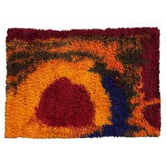 1960s Scandinavian Abstract Ege Rya Rug Plush Wool Vibrant Reds, Oranges & Blues