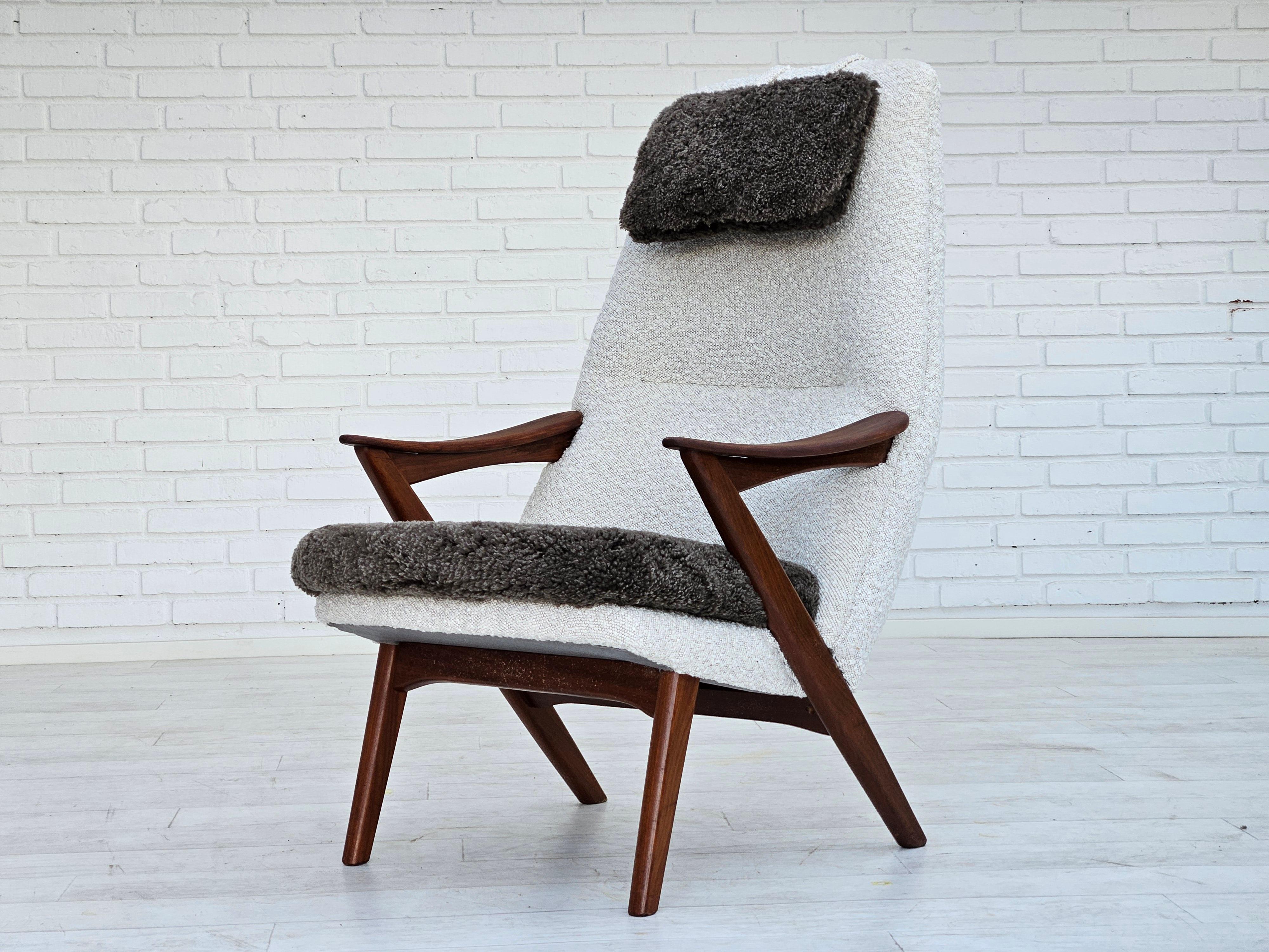 1960s, Scandinavian design, reupholstered armchair, furniture fabric, sheepskin. For Sale 3