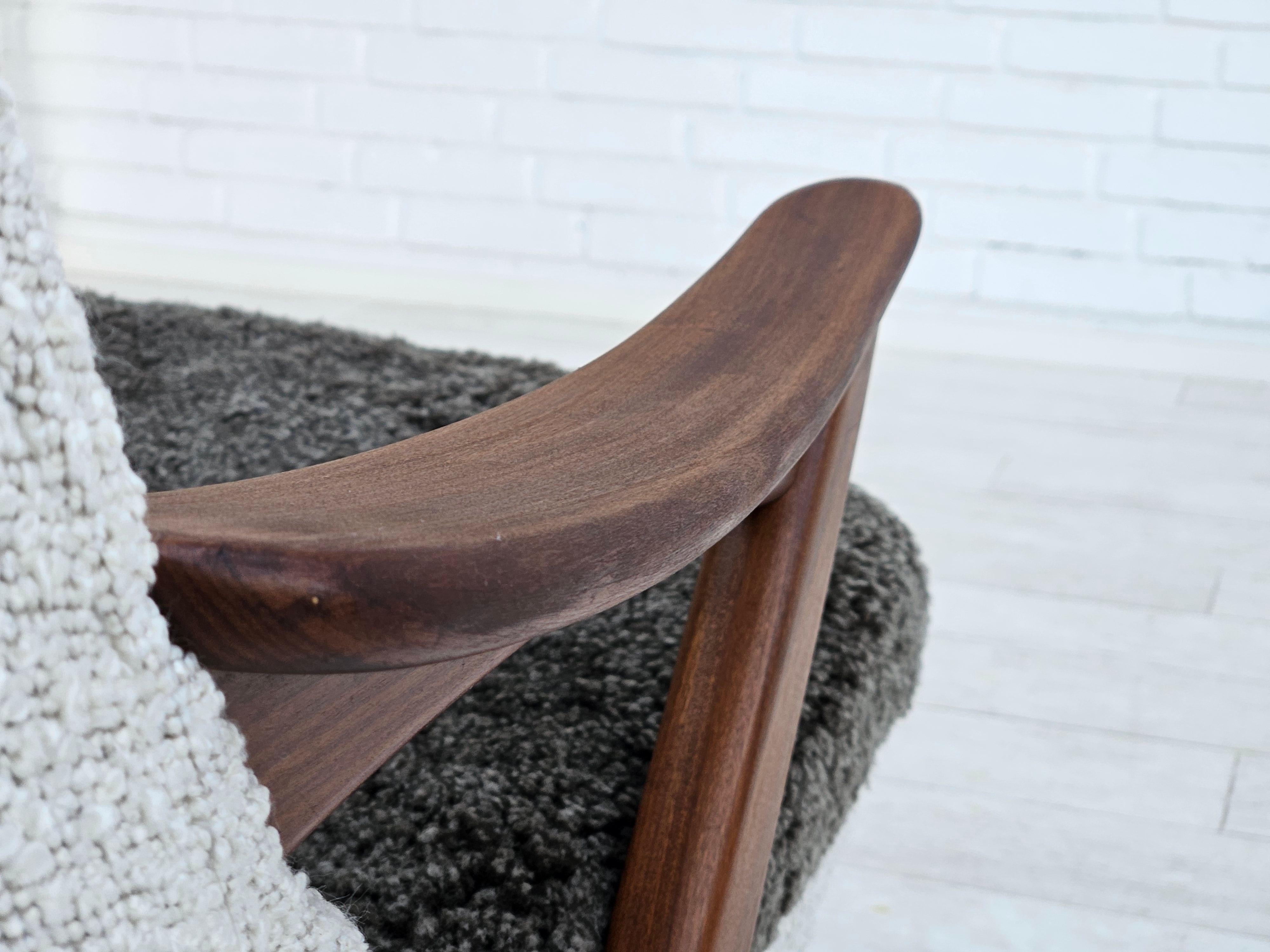 1960s, Scandinavian design, reupholstered armchair, furniture fabric, sheepskin. For Sale 9