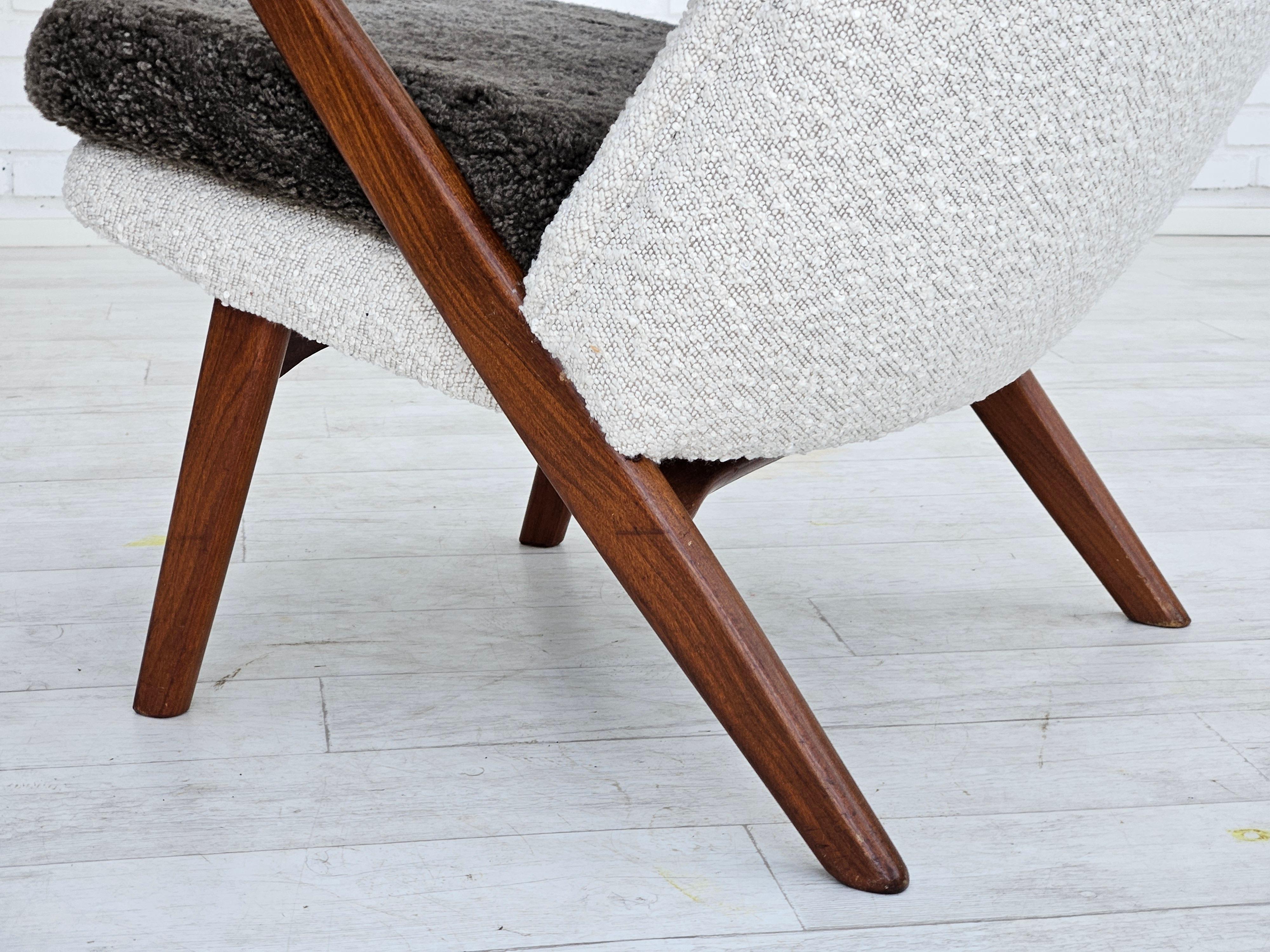 1960s, Scandinavian design, reupholstered armchair, furniture fabric, sheepskin. For Sale 10