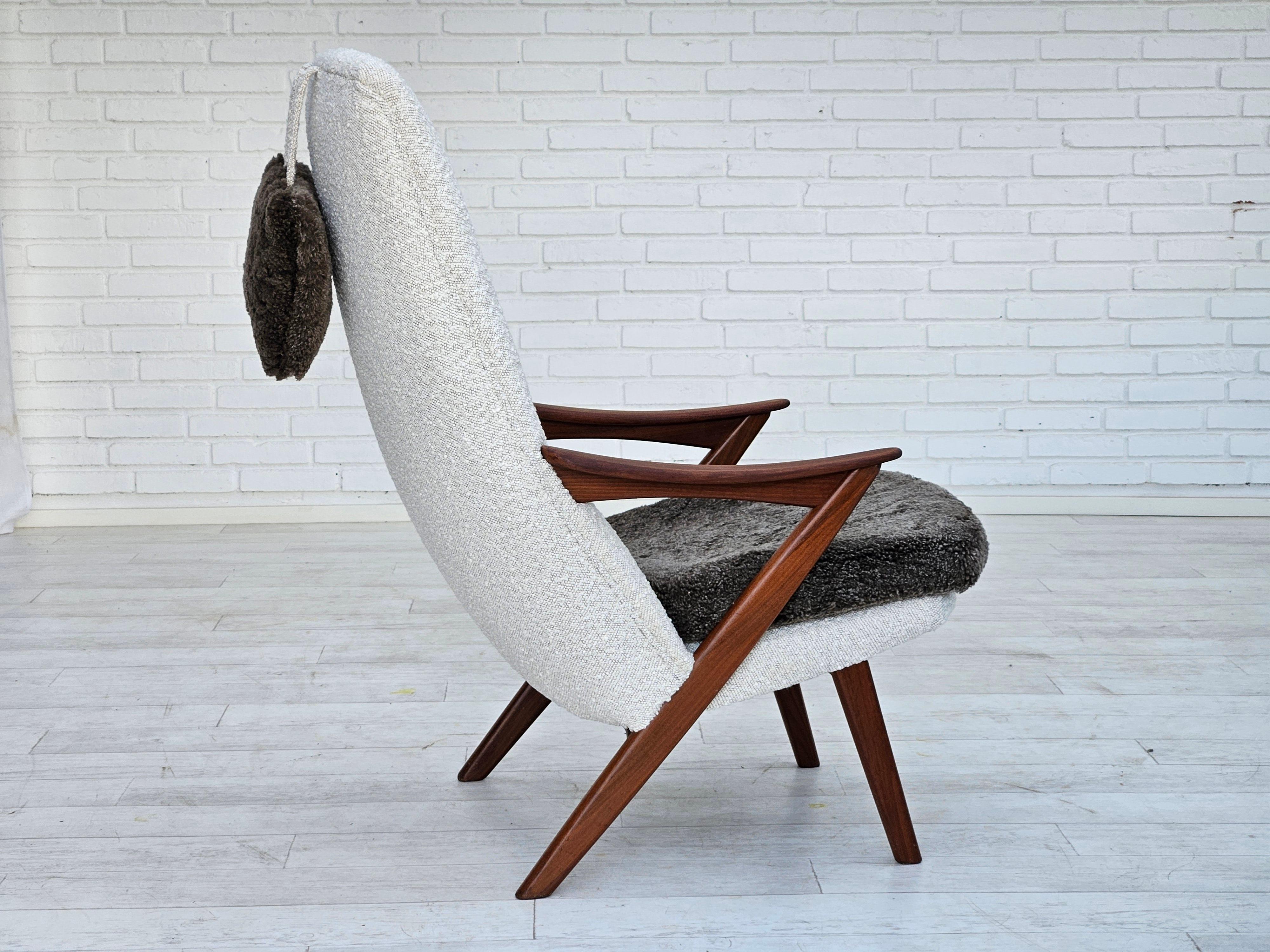 1960s, Scandinavian design, reupholstered armchair, furniture fabric, sheepskin. For Sale 12