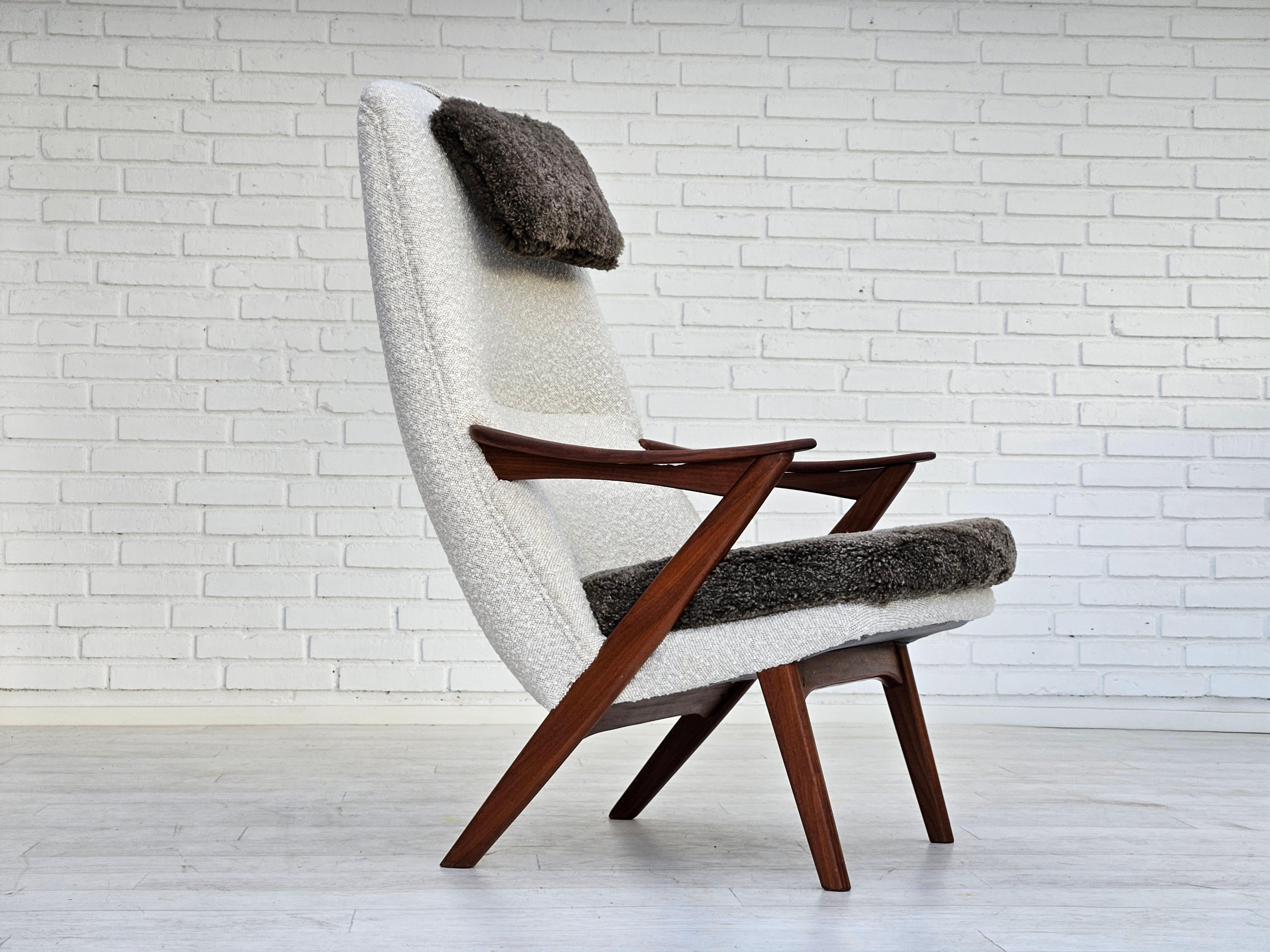 1960s, Scandinavian design. Completely renovated-reupholstered high-back armchair. Brand new upholstery with natural coconut mat. Beige/white fabric, genuine New Zealand sheepskin Wellington, teak wood. Loose seat cushion and removable neck pillow