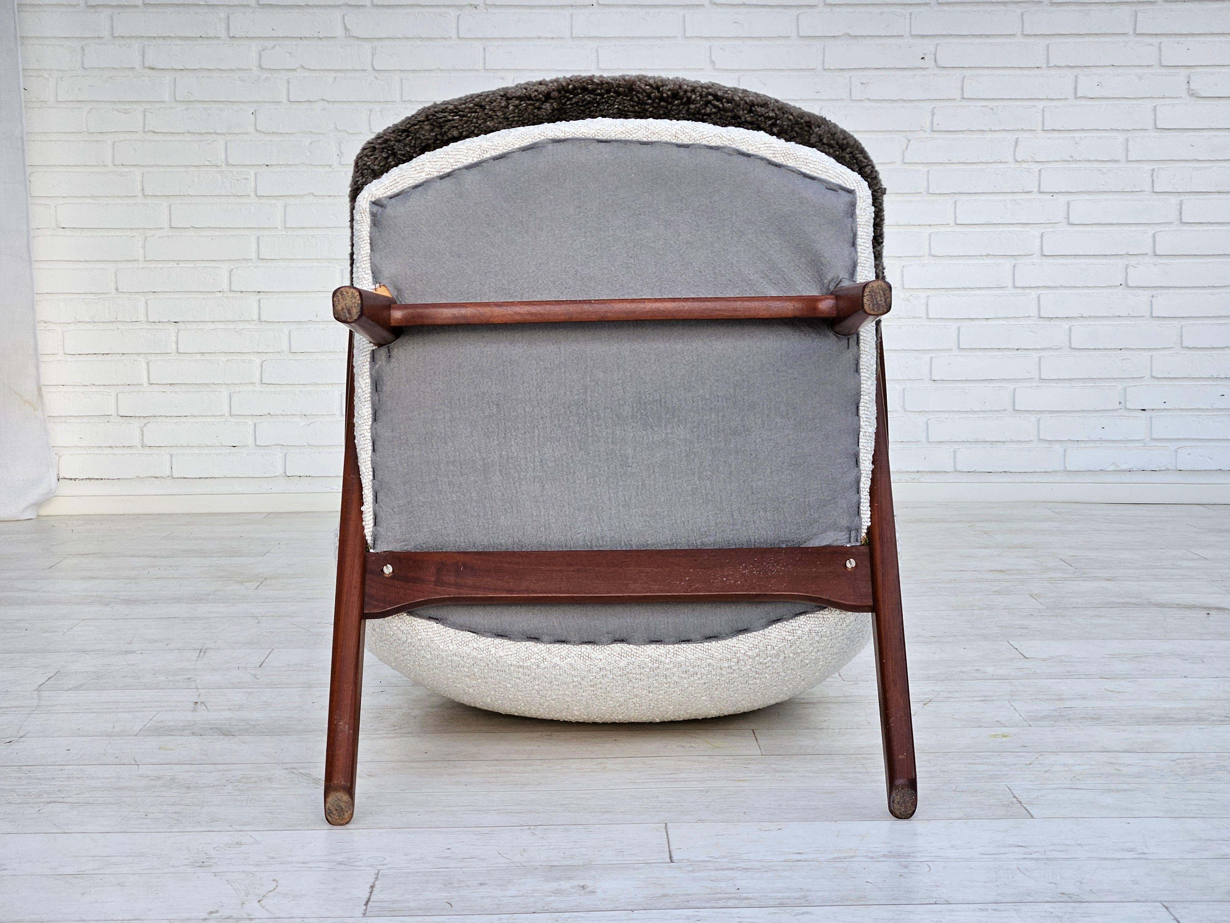 1960s, Scandinavian design, reupholstered armchair, furniture fabric, sheepskin. For Sale 13