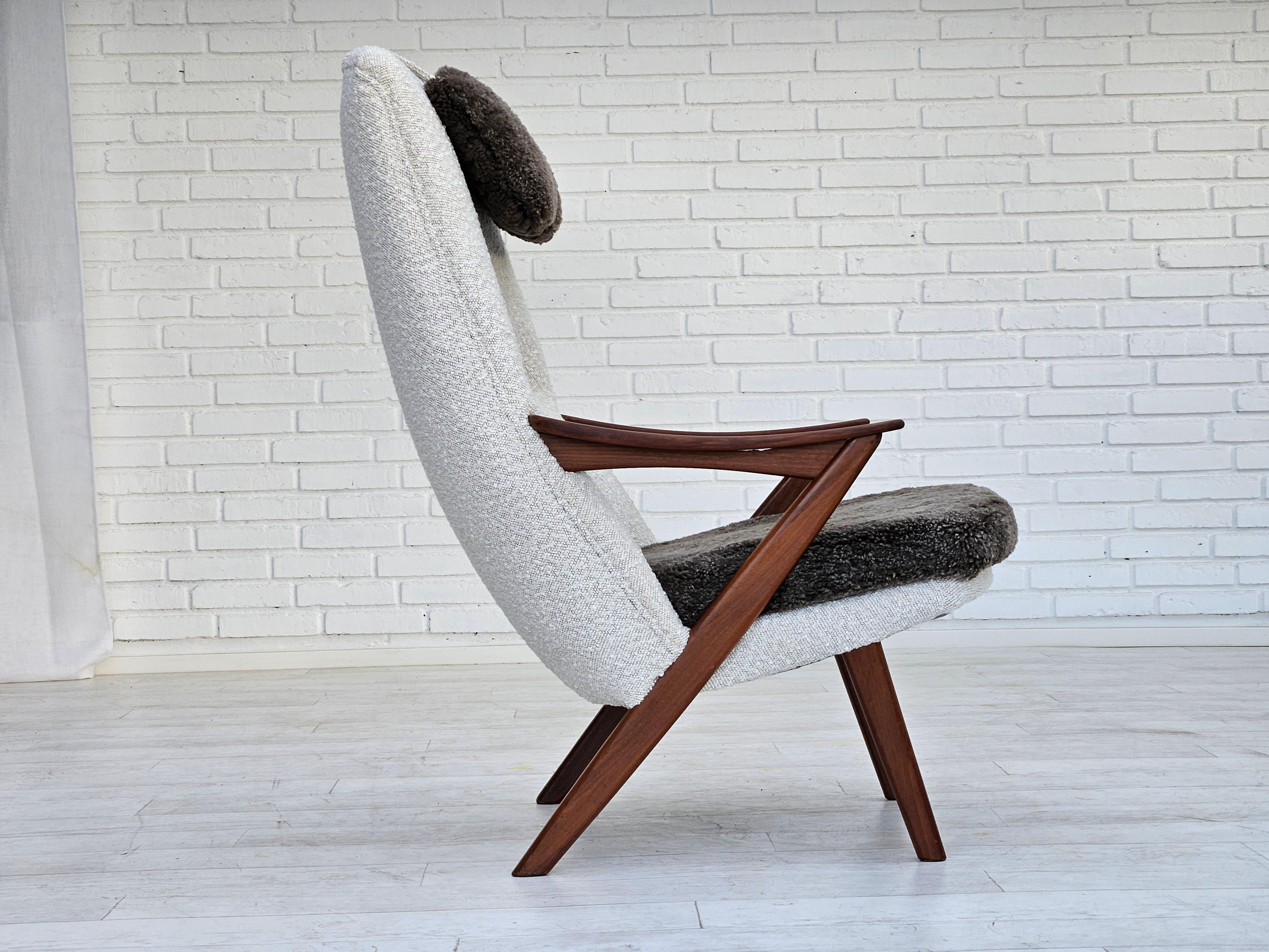 Scandinavian Modern 1960s, Scandinavian design, reupholstered armchair, furniture fabric, sheepskin. For Sale