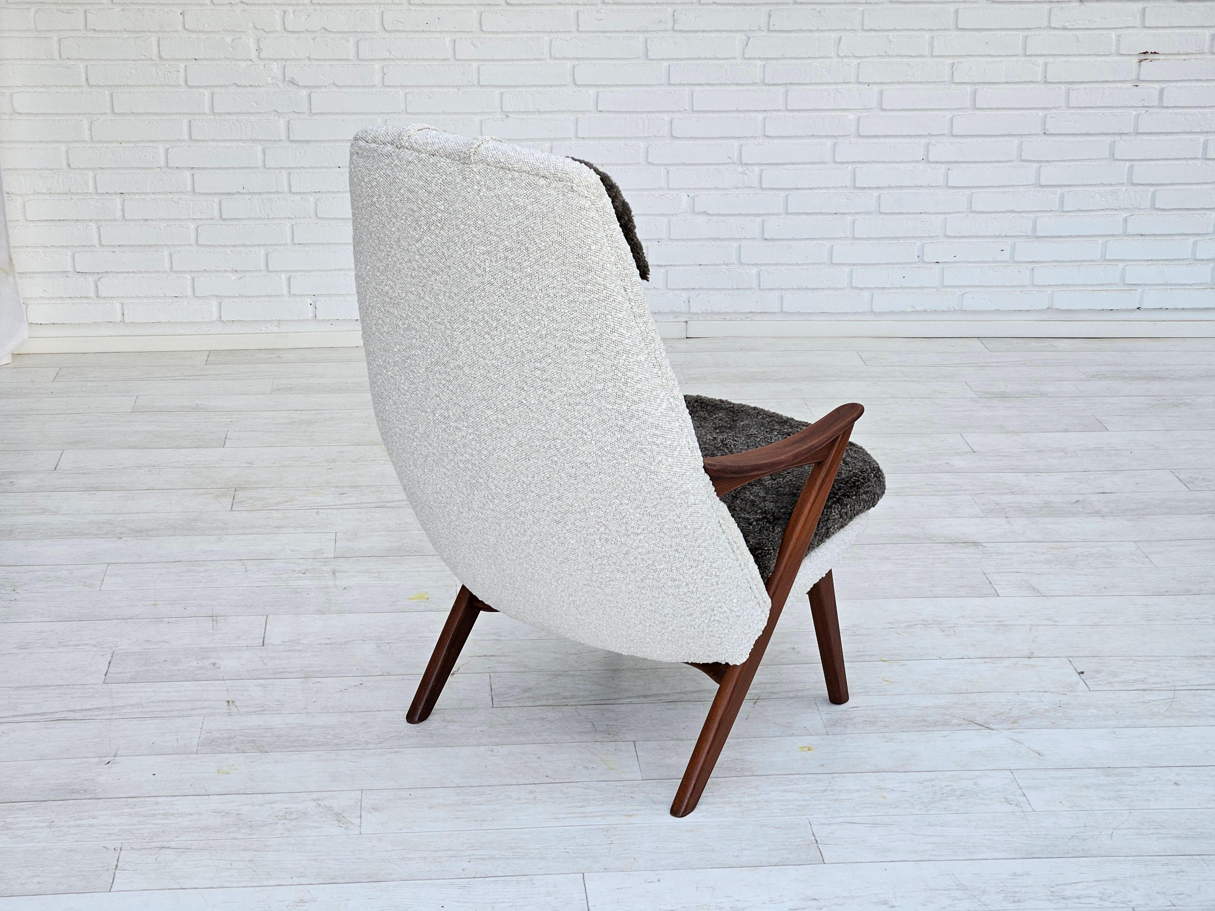 Swedish 1960s, Scandinavian design, reupholstered armchair, furniture fabric, sheepskin. For Sale
