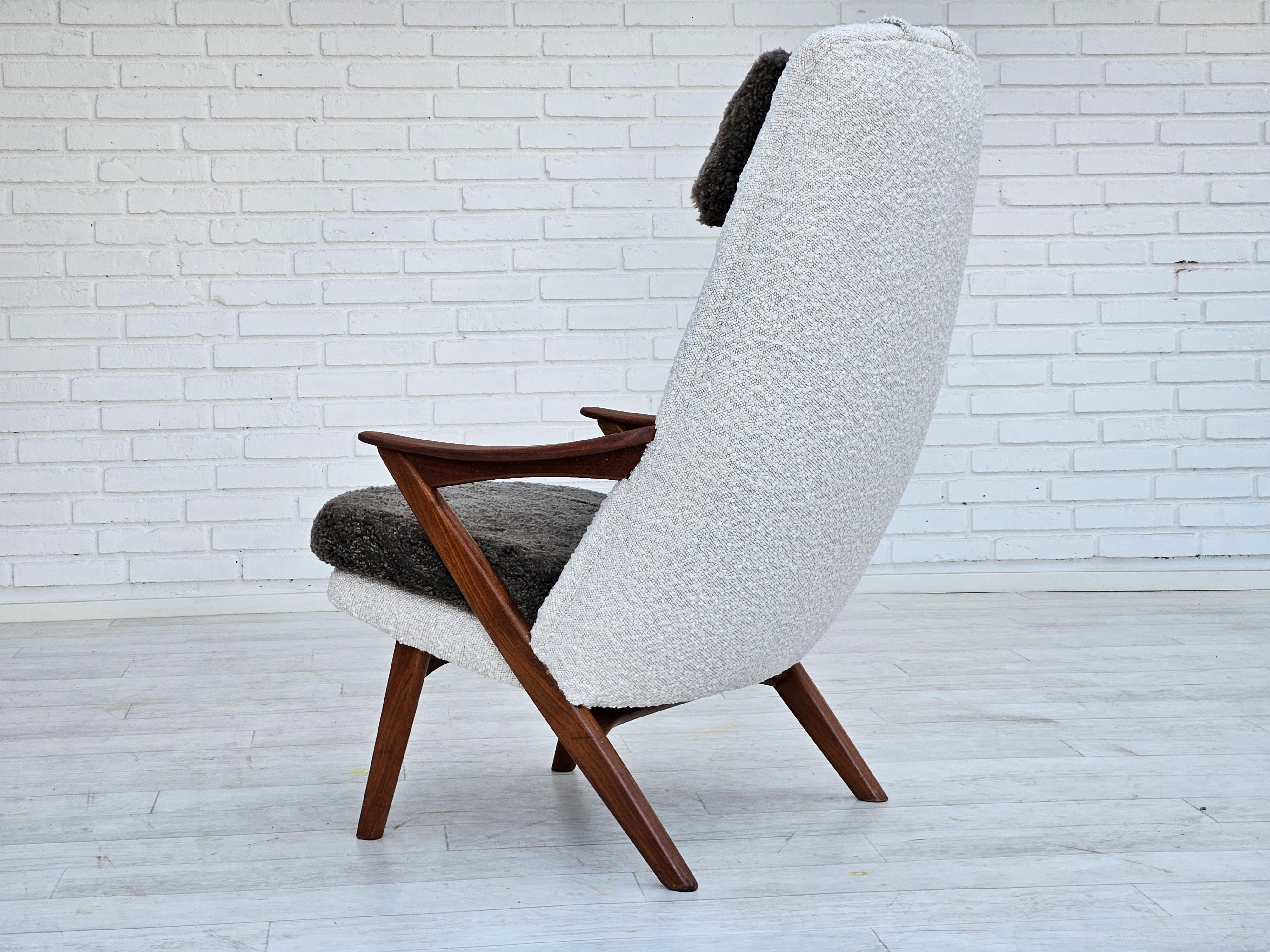 Mid-20th Century 1960s, Scandinavian design, reupholstered armchair, furniture fabric, sheepskin. For Sale
