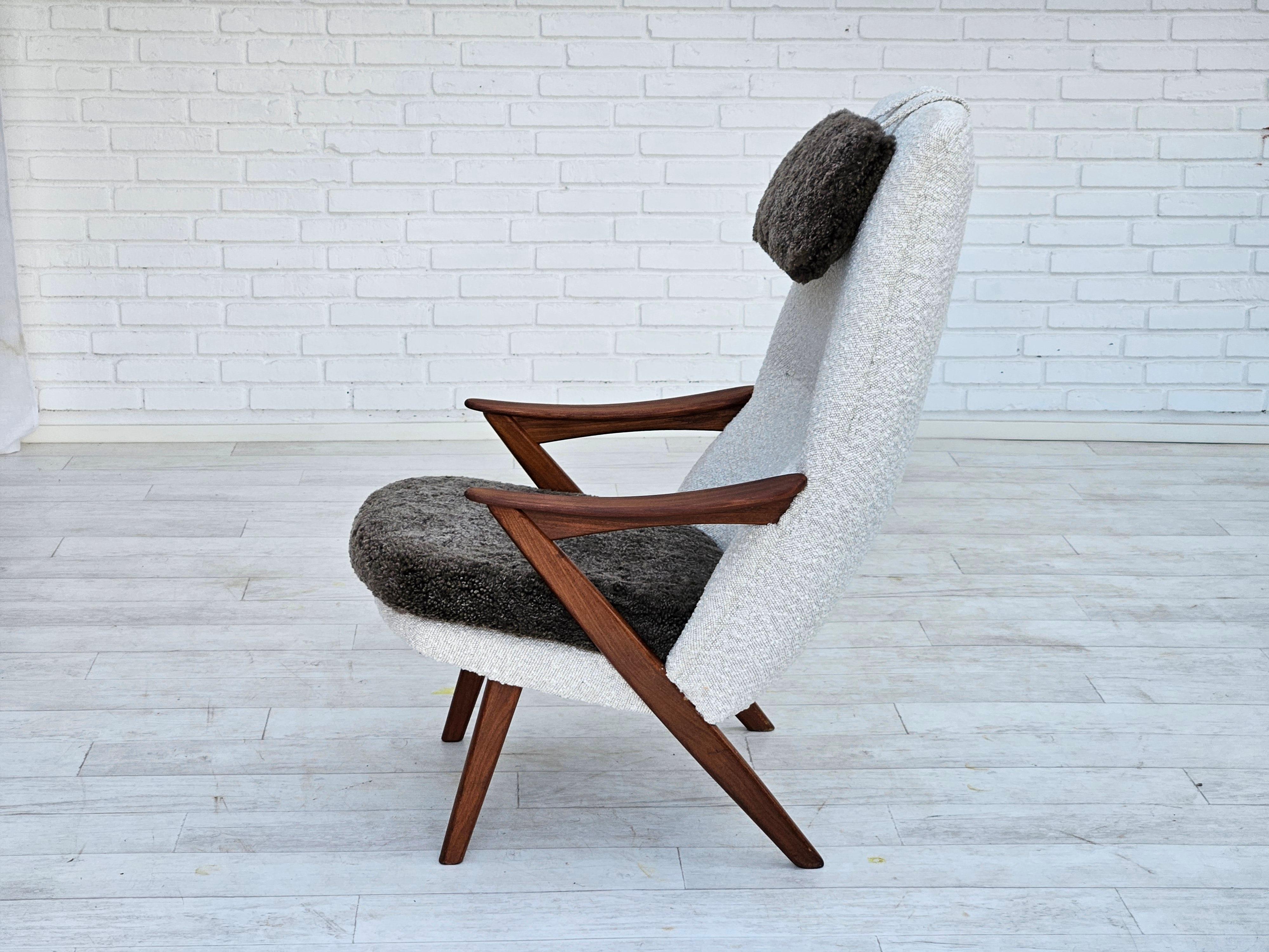 1960s, Scandinavian design, reupholstered armchair, furniture fabric, sheepskin. For Sale 1