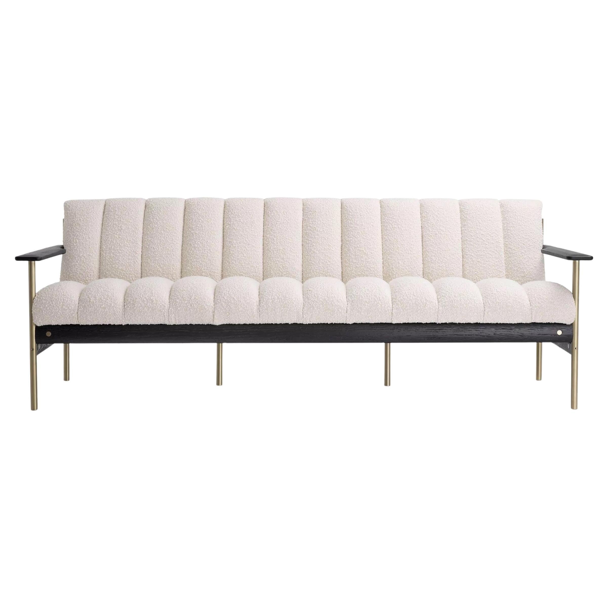 1960er Jahre Skandinavisches Design Schwarzes Sofa aus Holz und Bouclé-Stoff im Angebot