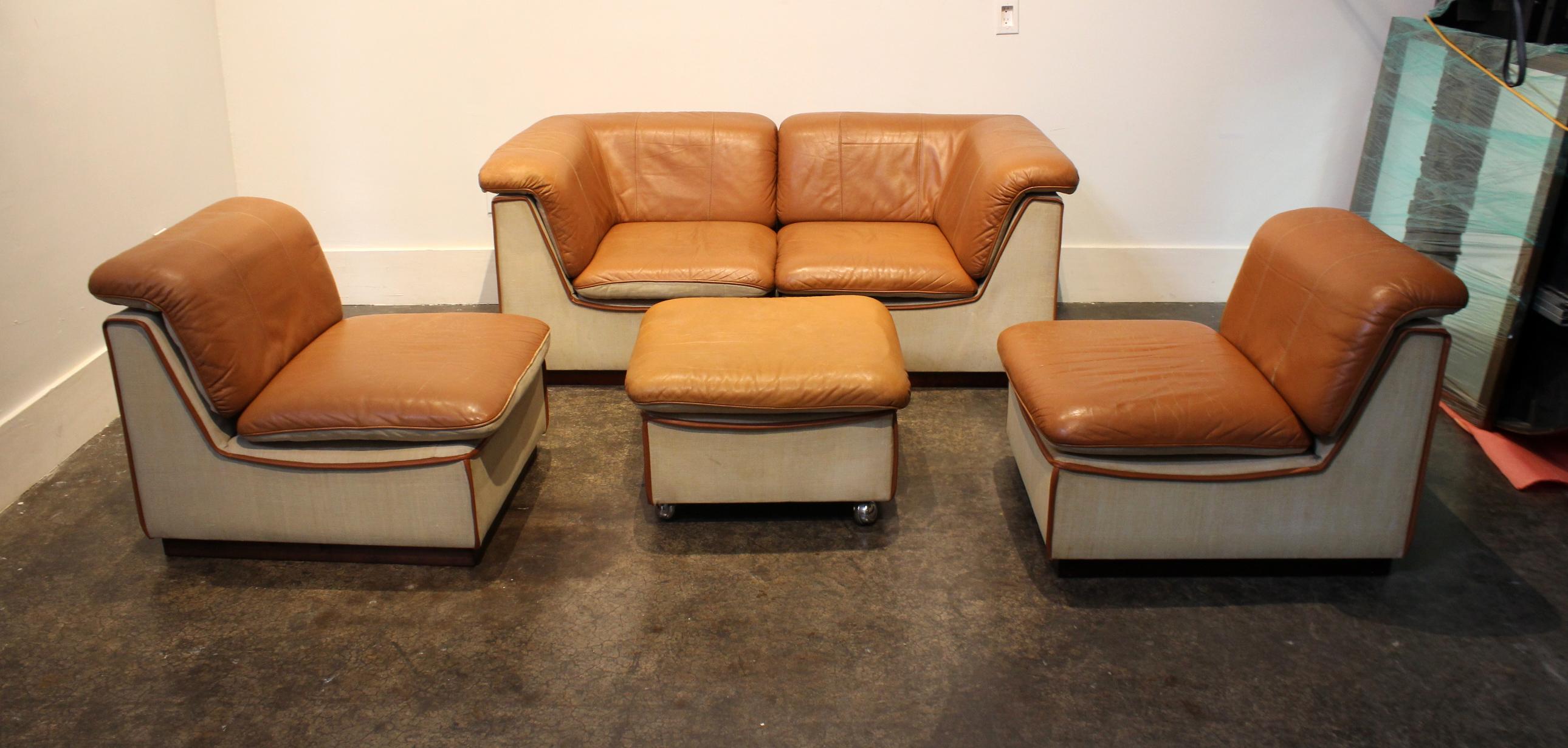 Mid-Century Modern 1960s Scandinavian Leather and Linen Modular Sectional Sofa For Sale