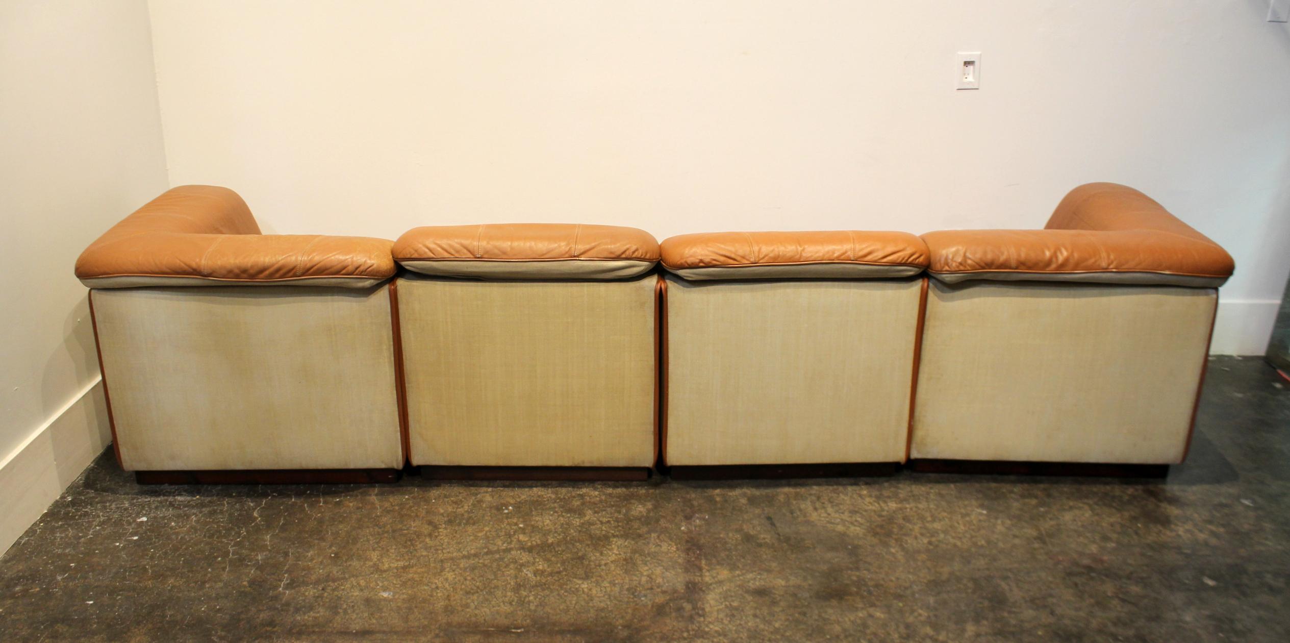 1960s Scandinavian Leather and Linen Modular Sectional Sofa In Fair Condition For Sale In Dallas, TX
