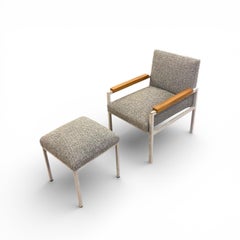 1960s Scandinavian Midcentury Modern Armchair & Stool, Iron Frame New Upholstery